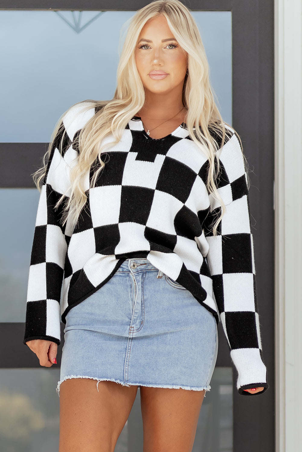 Black Checked Notched Neckline Drop Shoulder Knit Sweater-TOPS / DRESSES-[Adult]-[Female]-2022 Online Blue Zone Planet