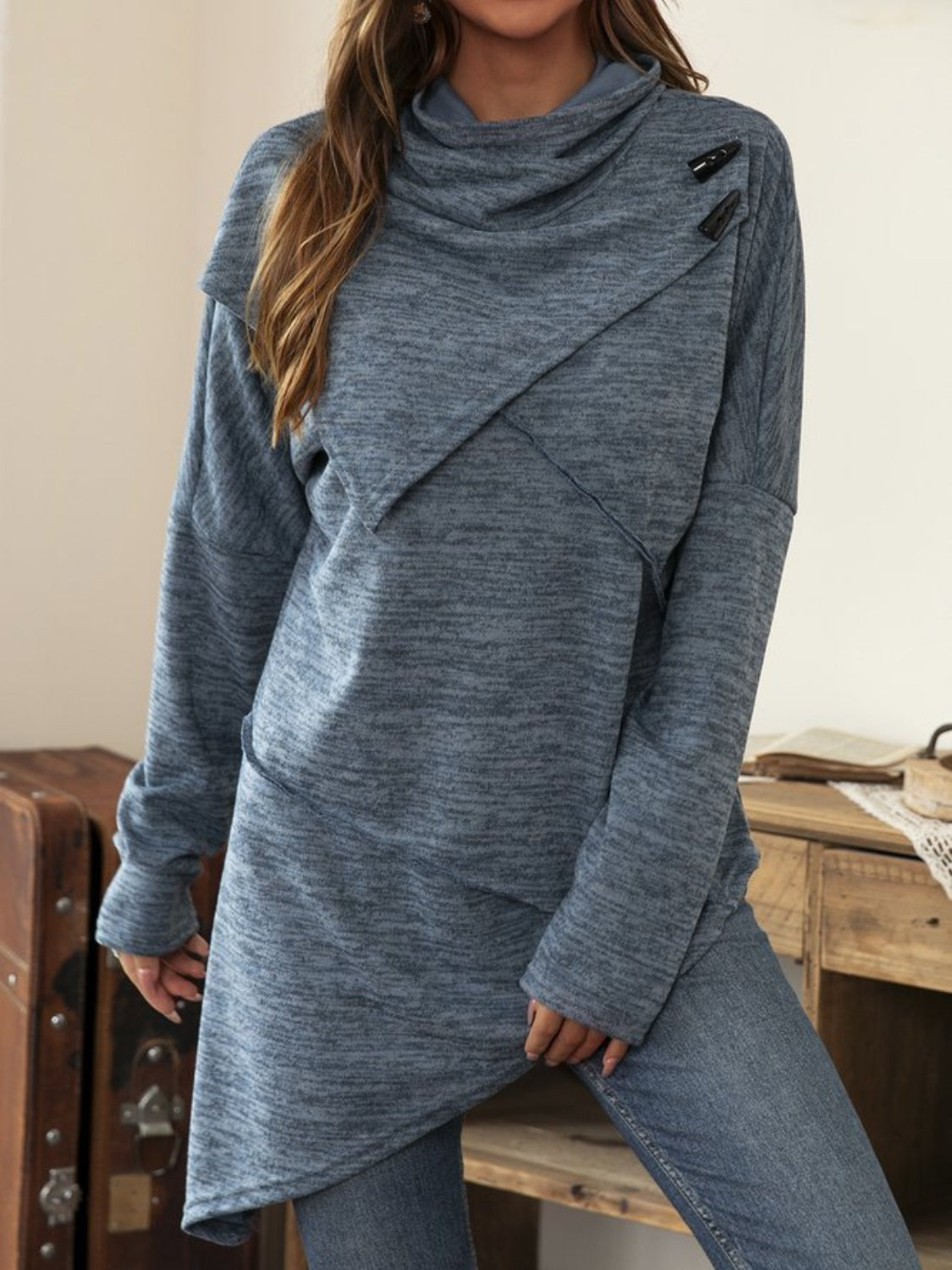 Asymmetrical Hem Cowl Neck Long Sleeve T-Shirt-TOPS / DRESSES-[Adult]-[Female]-Dusty Blue-S-2022 Online Blue Zone Planet