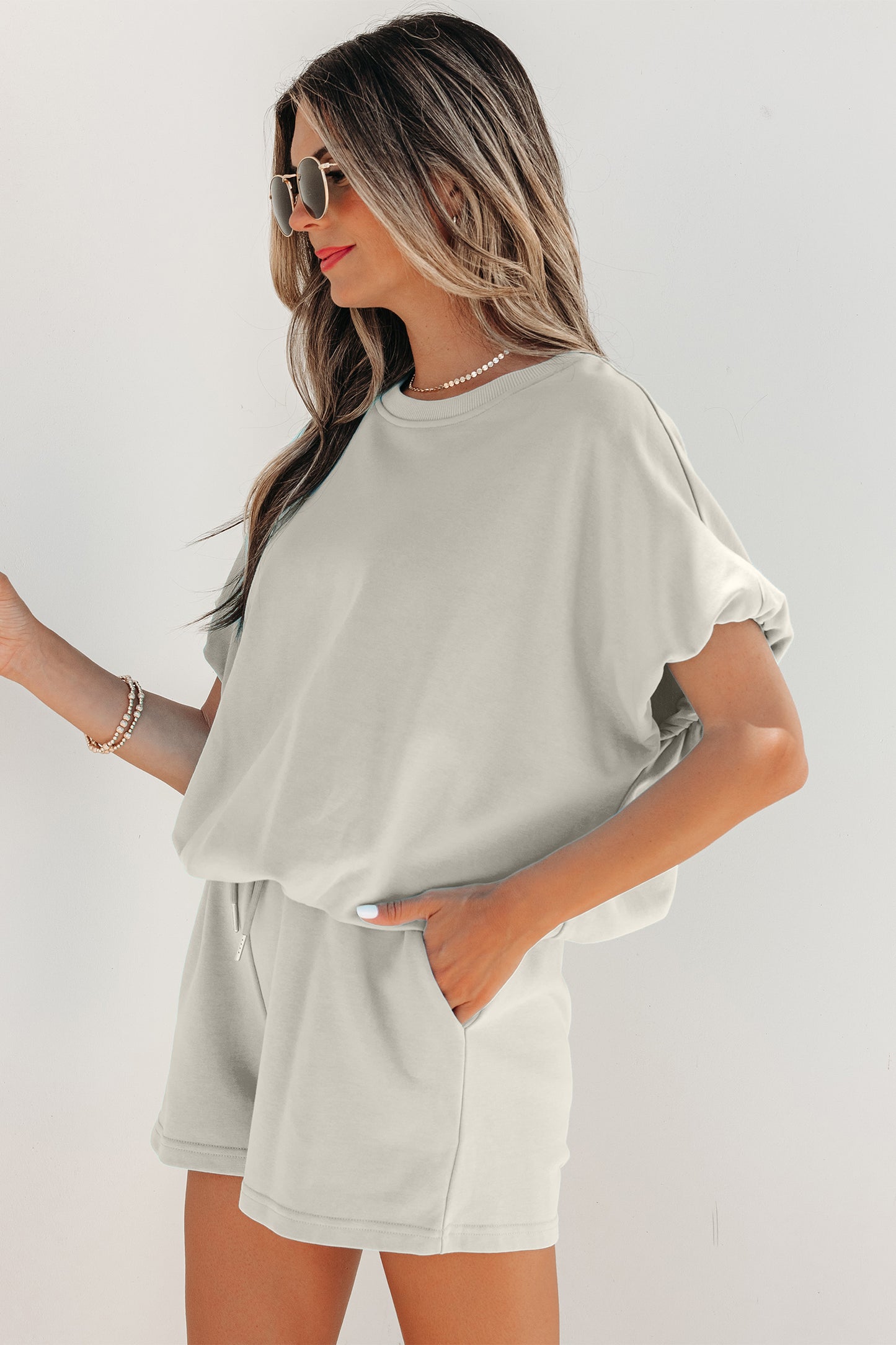 Smoke Gray Solid Color Puffy Loose Top Drawstring Shorts 2pcs Outfit-Two Piece Sets/Short Sets-[Adult]-[Female]-2022 Online Blue Zone Planet