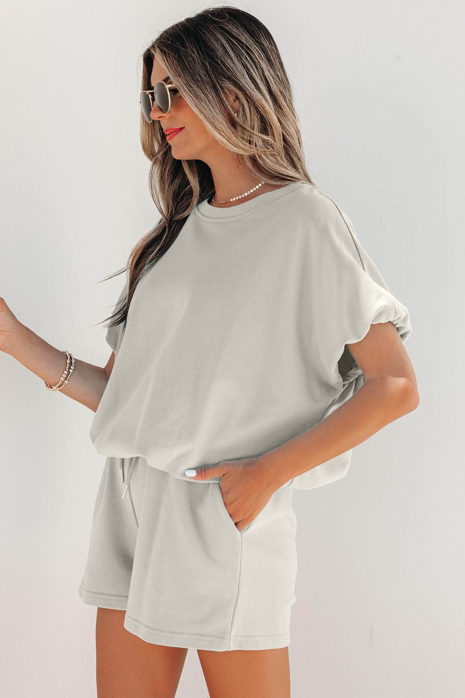 Smoke Gray Solid Color Puffy Loose Top Drawstring Shorts 2pcs Outfit-Two Piece Sets/Short Sets-[Adult]-[Female]-2022 Online Blue Zone Planet