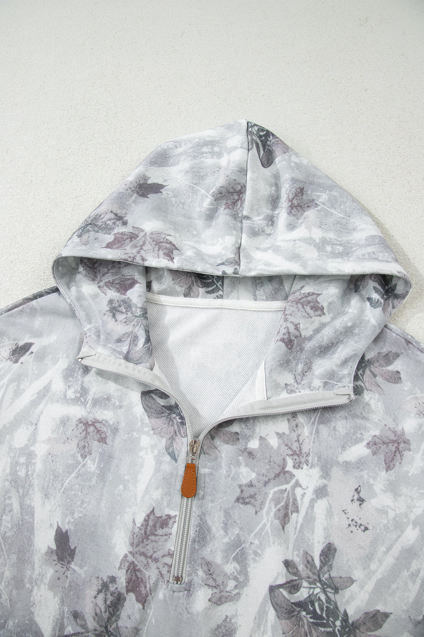 Gray Camo Leaf Print Kangaroo Pocket Quarter Zip Hoodie-Tops / Dresses-[Adult]-[Female]-2022 Online Blue Zone Planet