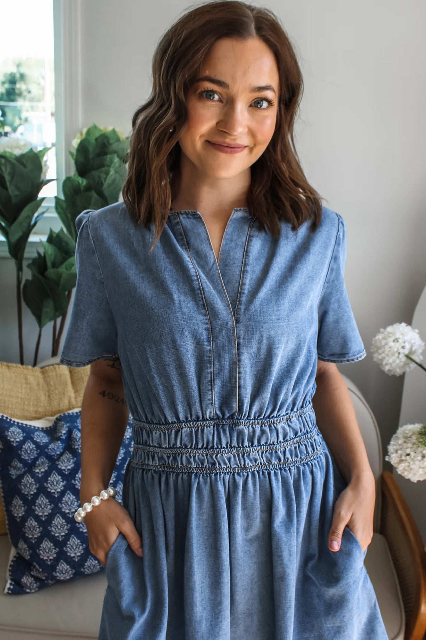 Myosotis Elastic Waist Short Sleeve Denim Mini Dress-Dresses/Mini Dresses-[Adult]-[Female]-2022 Online Blue Zone Planet