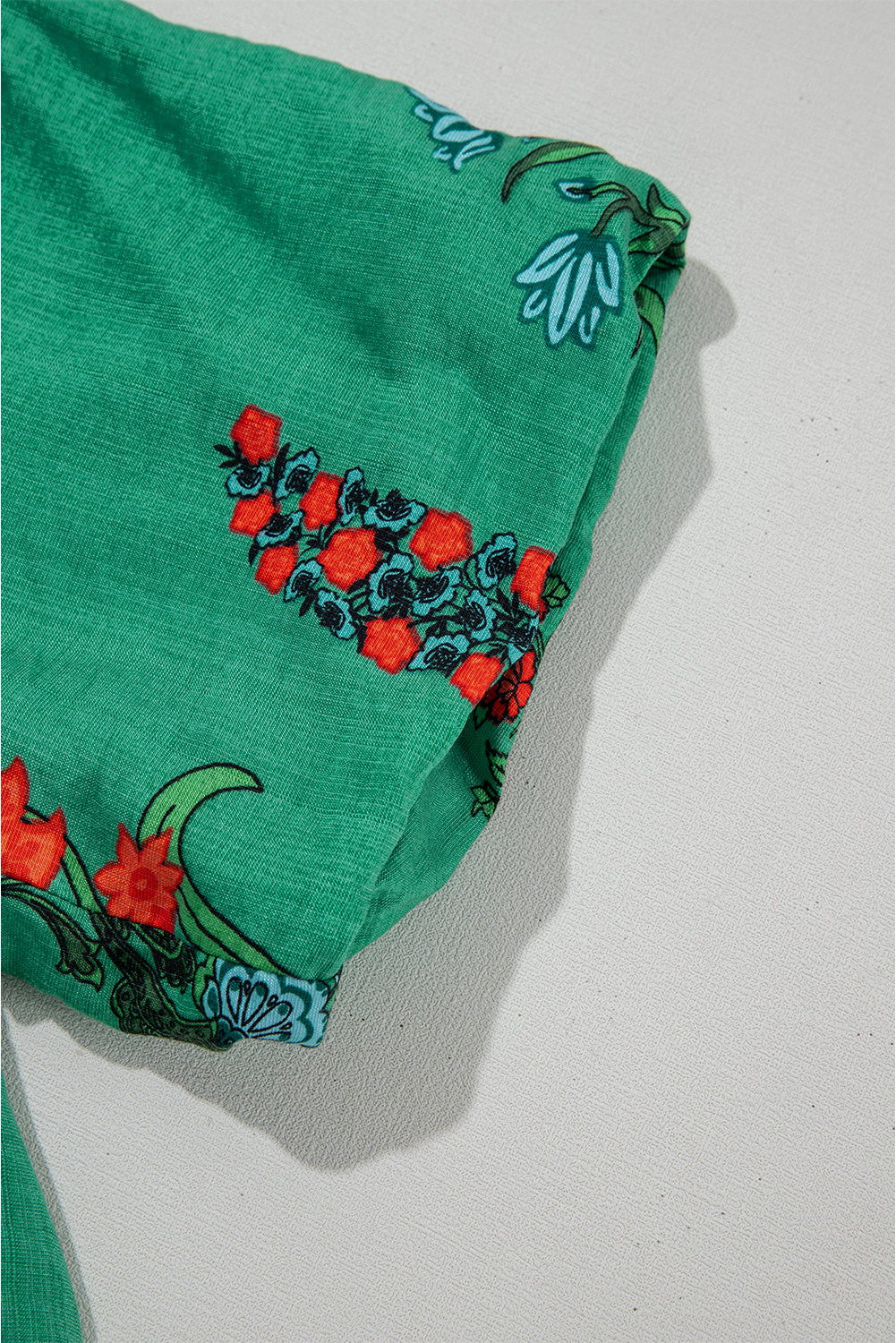 Bright Green Floral Print Buttoned V Neck Short Sleeve Blouse-Tops/Blouses & Shirts-[Adult]-[Female]-2022 Online Blue Zone Planet