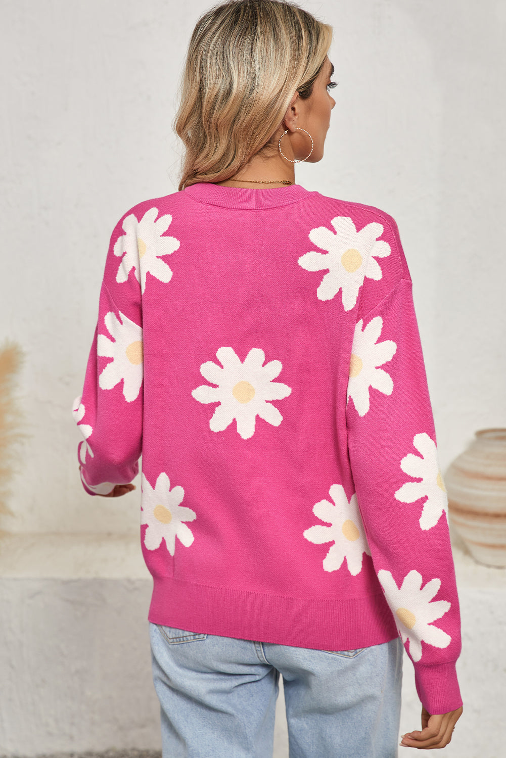 Bright Pink Daisy Ribbed Hem Sweater-Sweaters-[Adult]-[Female]-2022 Online Blue Zone Planet