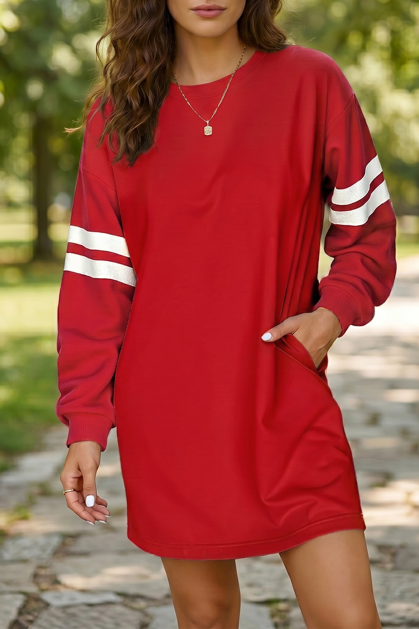 Fiery Red Varsity Contrast Banded Sleeve Shift Sweatshirt Dress-TOPS / DRESSES-[Adult]-[Female]-2022 Online Blue Zone Planet