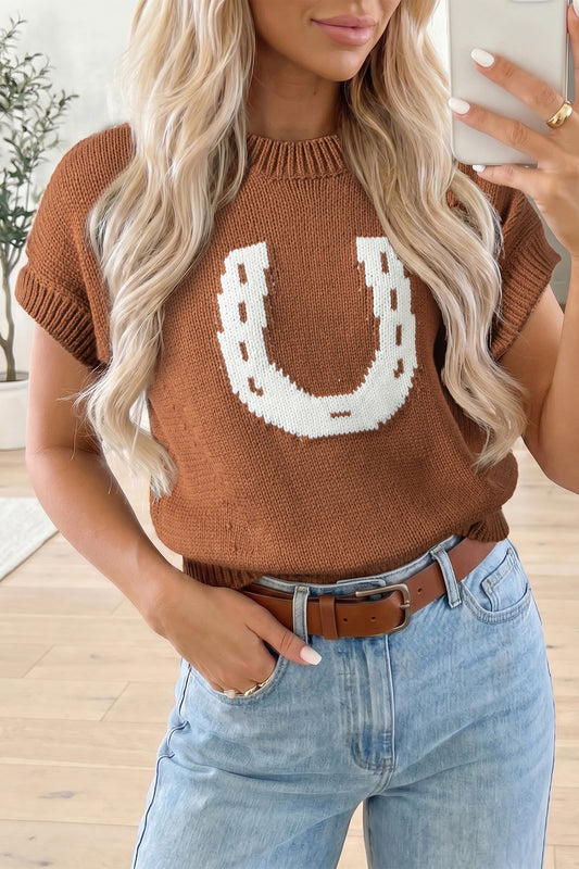Chestnut Western Horseshoe Pattern Short Sleeve Knit Sweater-Sweaters & Cardigans/Short Sleeve Sweaters-[Adult]-[Female]-Chestnut-S-2022 Online Blue Zone Planet