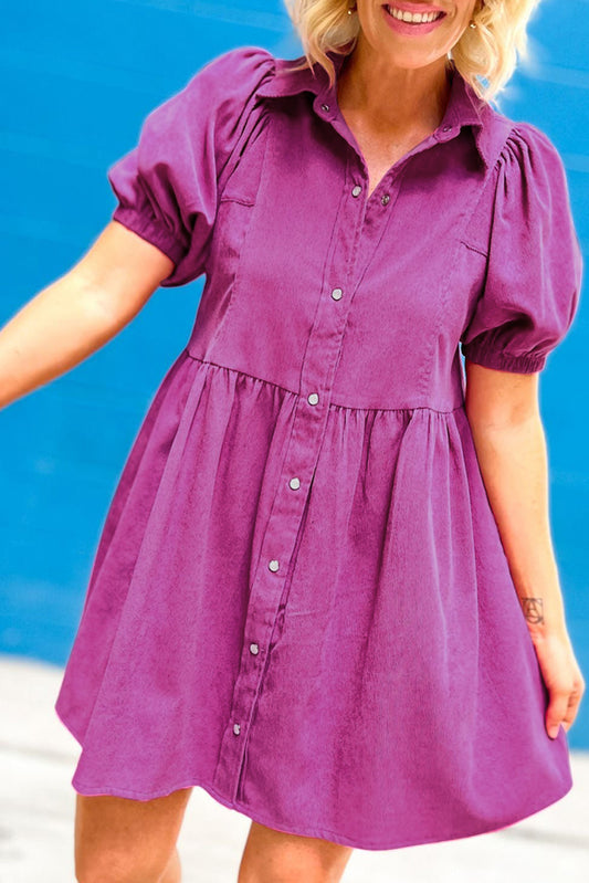 Blue Zone Planet | Rose Red Corduroy Puff Sleeve Collared Babydoll Dress-TOPS / DRESSES-[Adult]-[Female]-Rose Red-S-2022 Online Blue Zone Planet