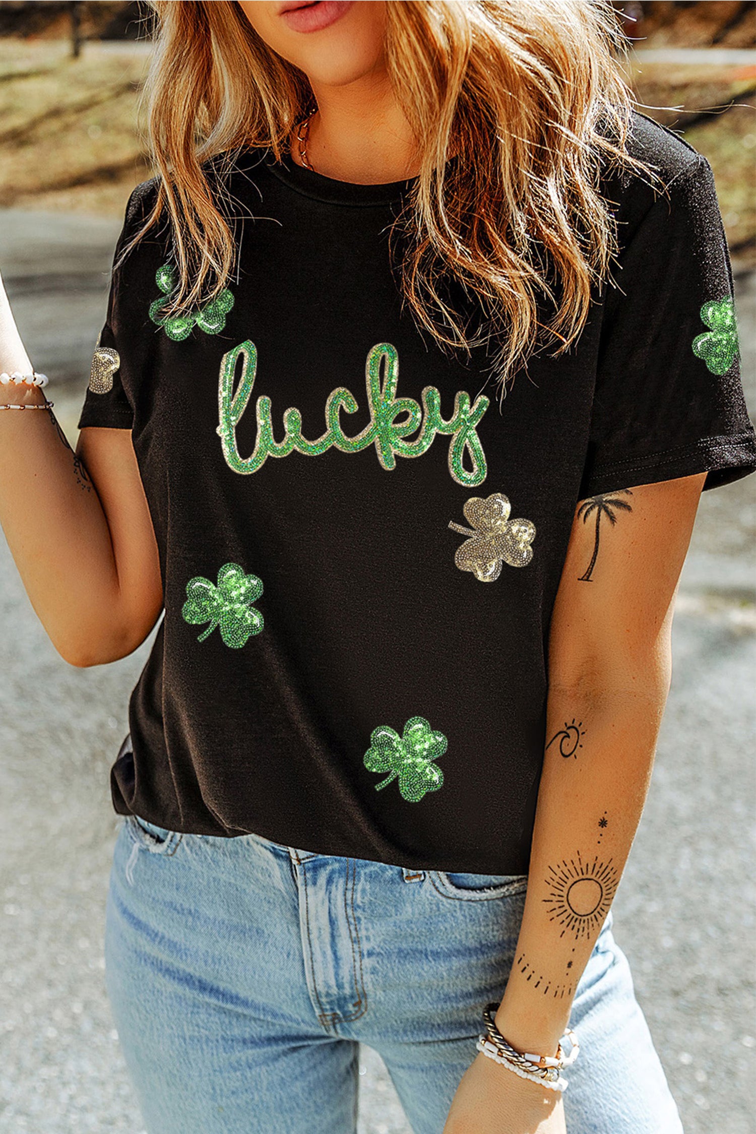 Black Lucky Sequin Shamrock Irish Festive Graphic Tee-Graphic Tees-[Adult]-[Female]-2022 Online Blue Zone Planet