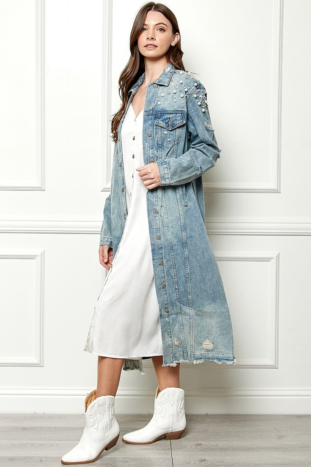 Blue Zone Planet | Veveret Full Size Distressed Raw Hem Pearl Detail Button Up Jacket-TOPS / DRESSES-[Adult]-[Female]-2022 Online Blue Zone Planet