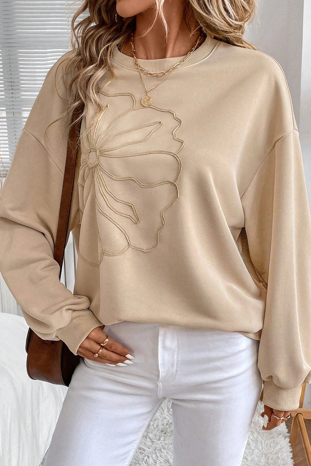Parchment Embroidered Flower Pattern Drop Shoulder Sweatshirt-Tops/Sweatshirts & Hoodies-[Adult]-[Female]-2022 Online Blue Zone Planet
