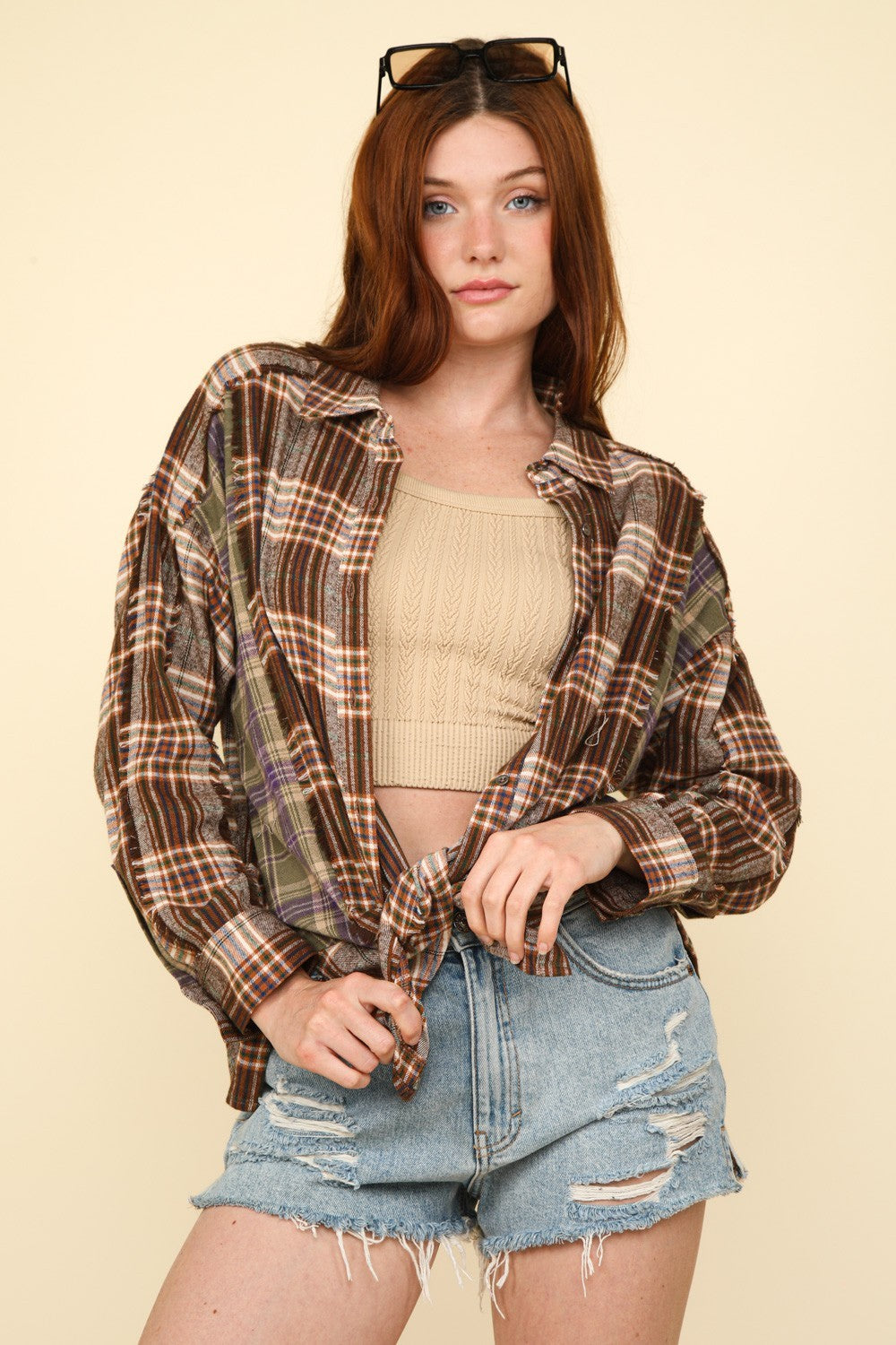 VERY J Contrast Plaid Raw Detail Shirt-TOPS / DRESSES-[Adult]-[Female]-Mocha-S-2022 Online Blue Zone Planet