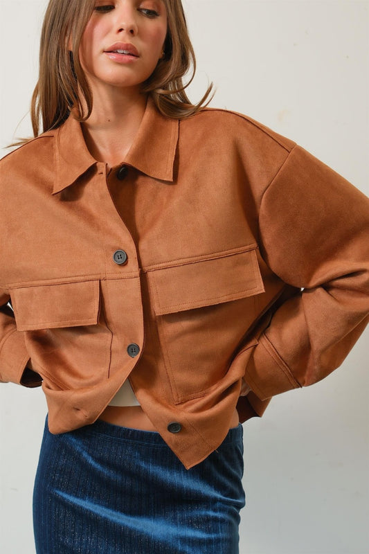 HYFVE Suede Button Down Cropped Jacket-TOPS / DRESSES-[Adult]-[Female]-Camel-S-2022 Online Blue Zone Planet