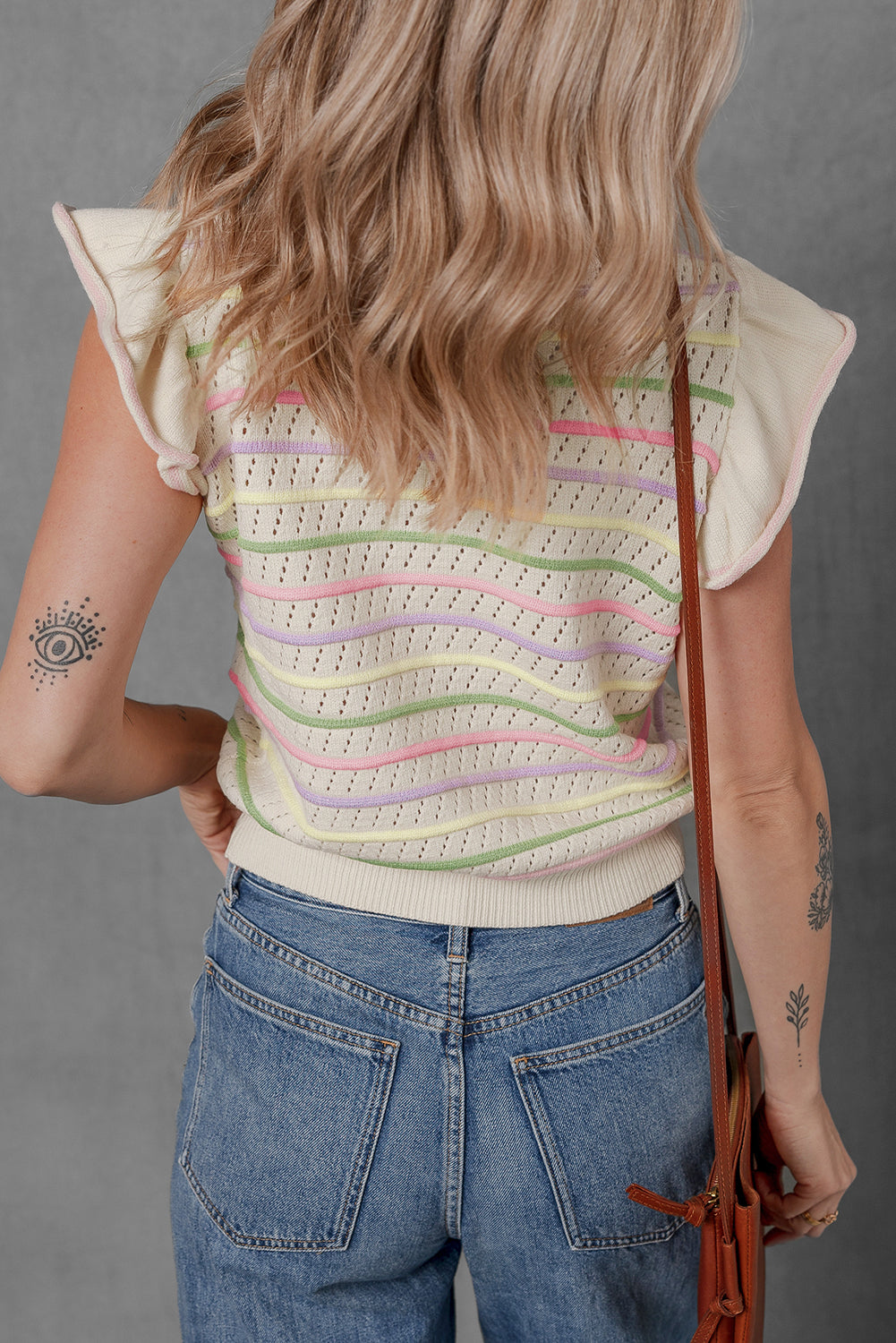 Oatmeal Colorful Striped Eyelet Knit Ruffled Sleeve Sweater T Shirt-Sweaters & Cardigans/Short Sleeve Sweaters-[Adult]-[Female]-2022 Online Blue Zone Planet
