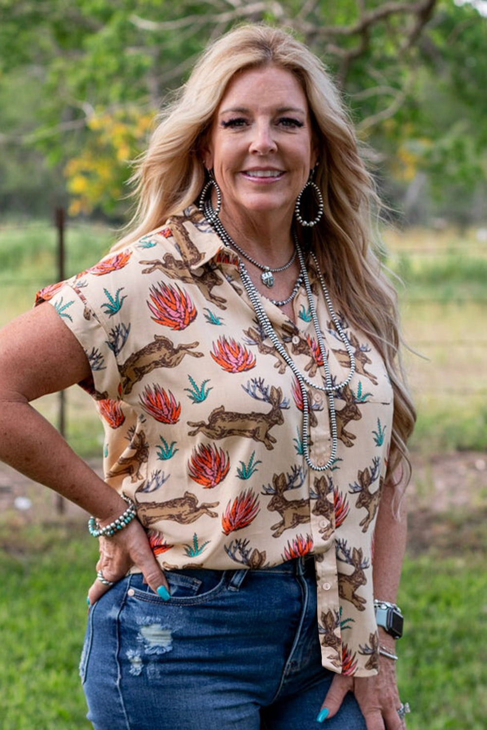 Khaki Plus Size Western Pattern Print Buttoned Short Sleeve Shirt-Plus Size/Plus Size Tops/Plus Size Blouses & Shirts-[Adult]-[Female]-2022 Online Blue Zone Planet