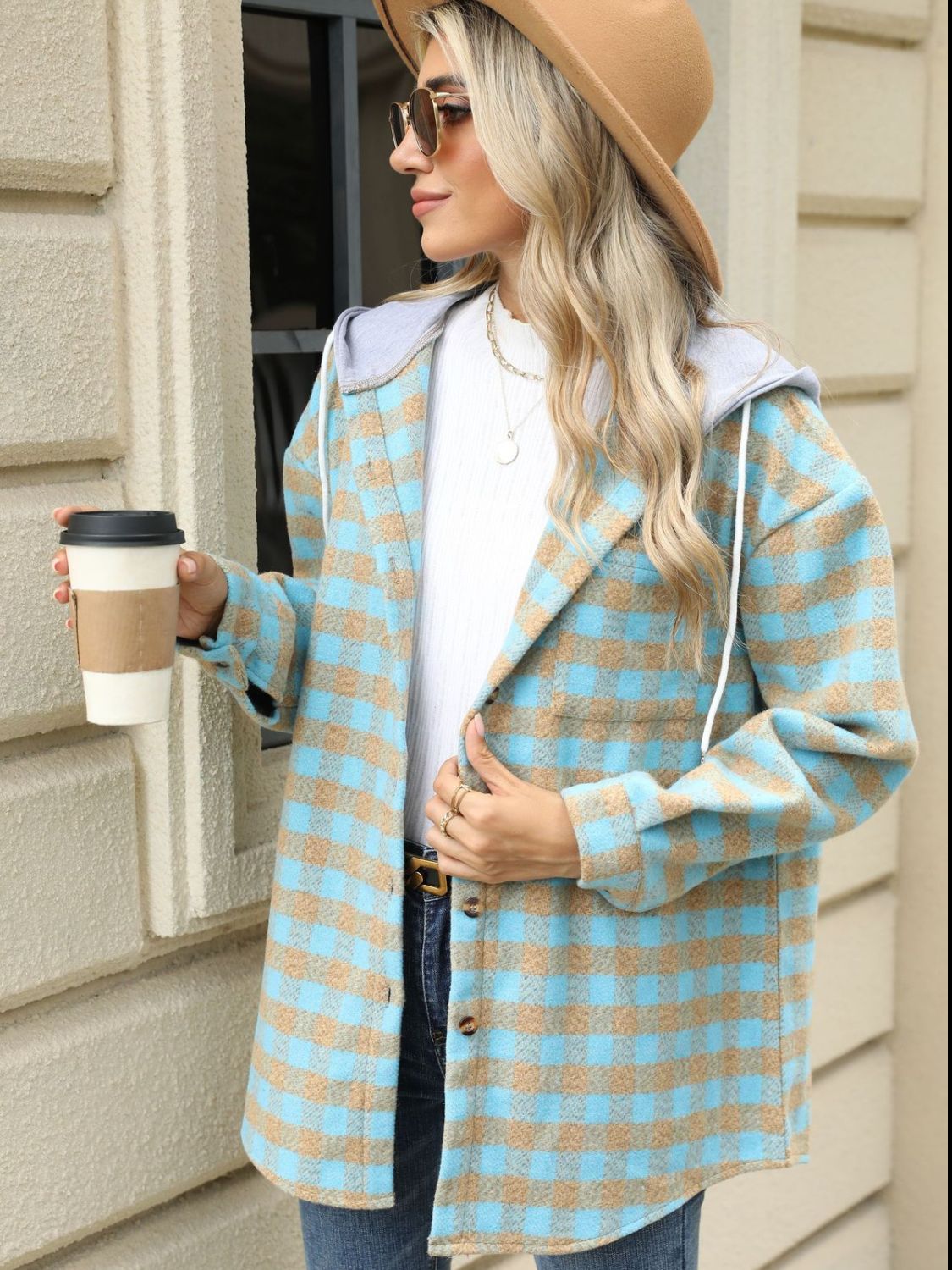 Drawstring Plaid Long Sleeve Hooded Jacket-TOPS / DRESSES-[Adult]-[Female]-2022 Online Blue Zone Planet