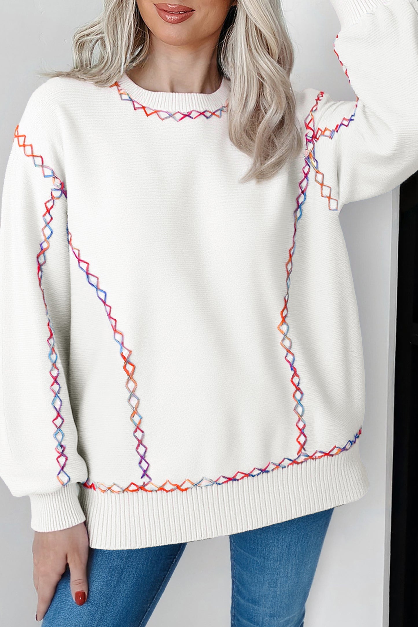 White Rainbow Stitching Balloon Sleeve Relaxed Sweater-TOPS / DRESSES-[Adult]-[Female]-White-S-2022 Online Blue Zone Planet