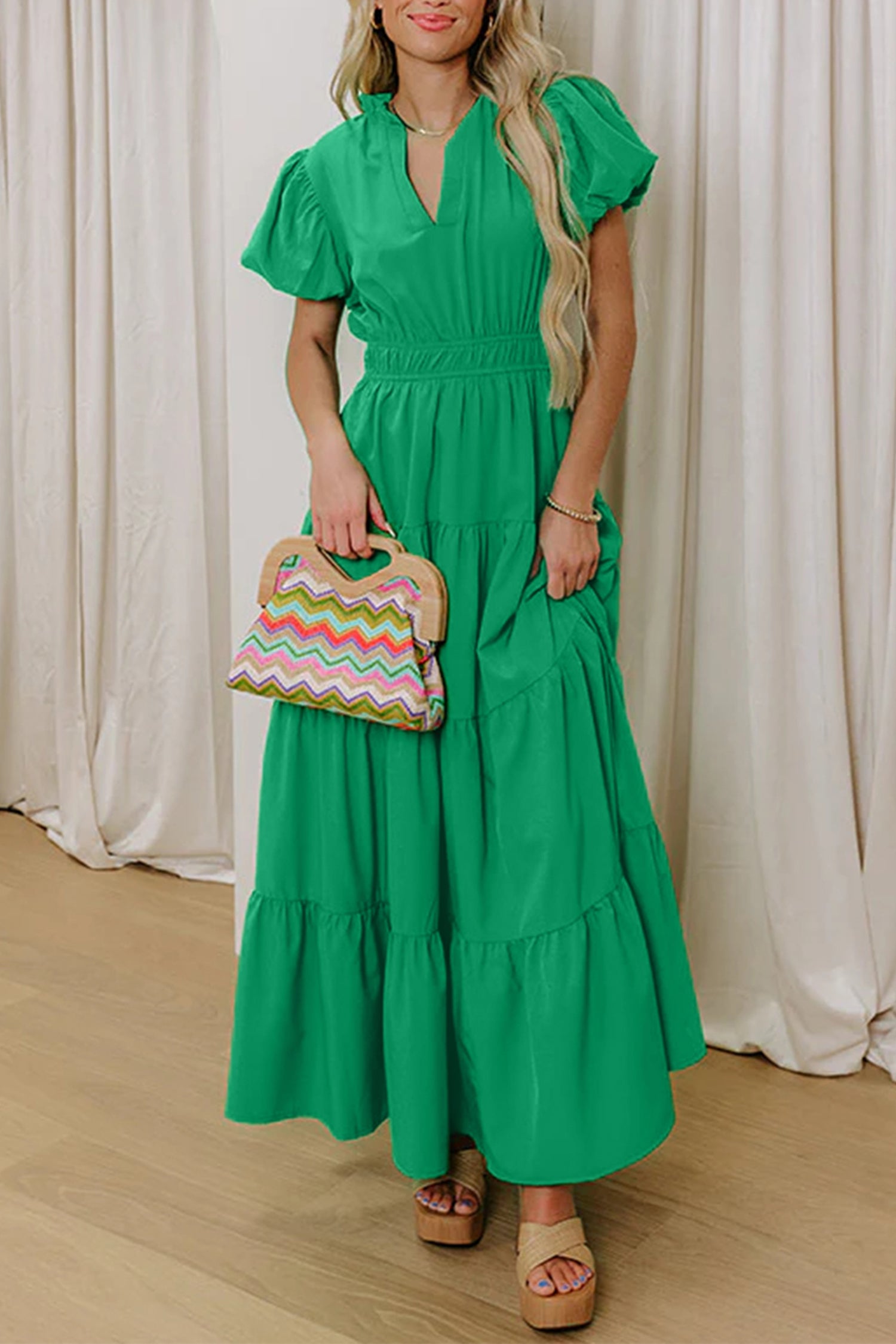 bright green dresses Solid Color V Neck Short Puff Sleeve High Waist Tiered Maxi Dress Bright Green / M / 100%Polyester I love the green color-lime-green Fabric has no stretch Type:Six Drawer Dresser