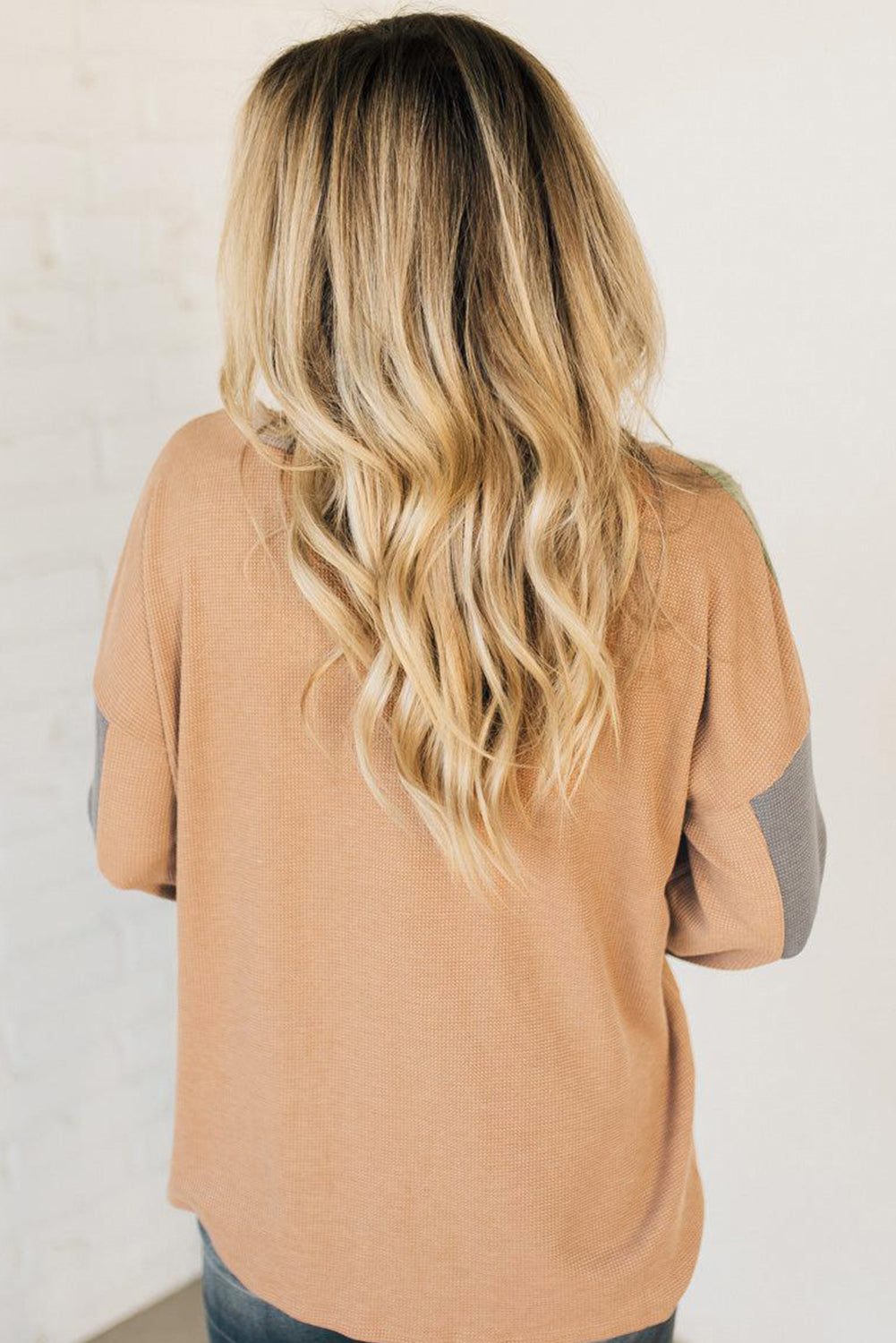 Buckskin Color Block Thermal Textured Knit Drop Shoulder Henley Top-Tops/Long Sleeve Tops-[Adult]-[Female]-2022 Online Blue Zone Planet