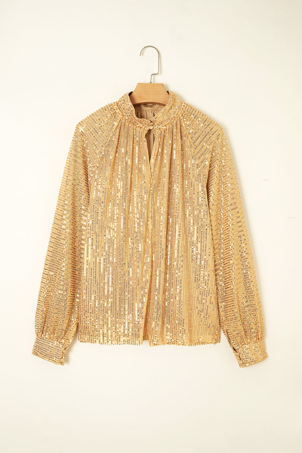 Gold Metallic Balloon Sleeve Buttoned High Neck Loose Blouse-Tops/Blouses & Shirts-[Adult]-[Female]-2022 Online Blue Zone Planet