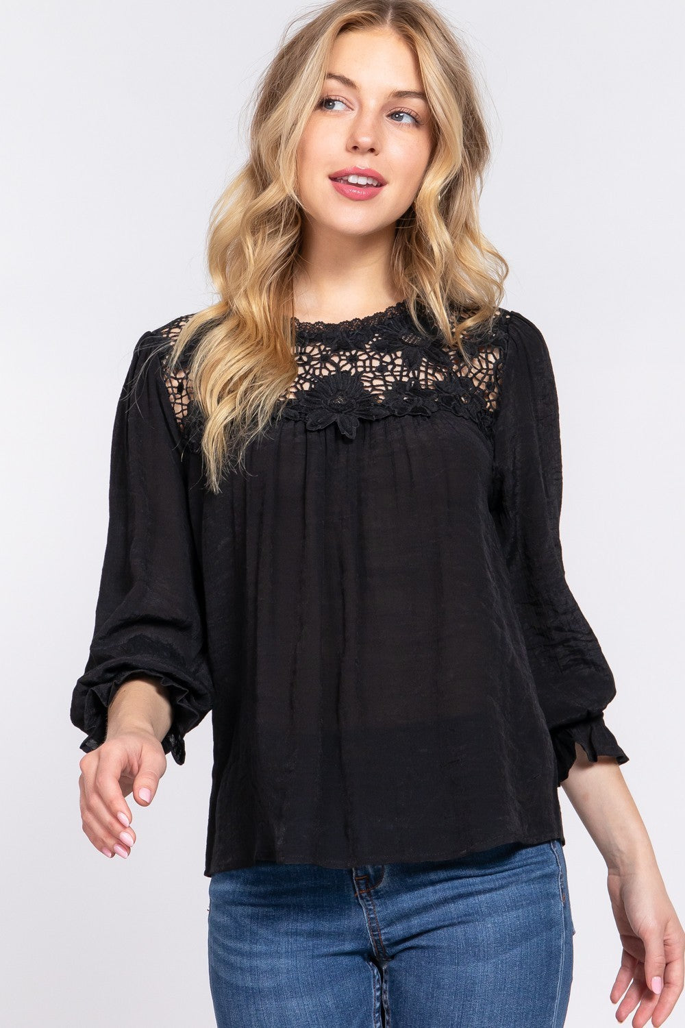 ACTIVE BASIC Crochet Lace Panel Flounce Sleeve Blouse-TOPS / DRESSES-[Adult]-[Female]-Black-S-2022 Online Blue Zone Planet