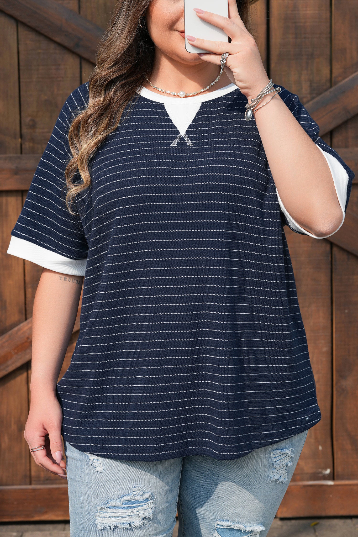 Blue Stripe Contrast Trim Plus Size Ribbed T Shirt-Plus Size/Plus Size Tops/Plus Size Tops & Tees-[Adult]-[Female]-2022 Online Blue Zone Planet