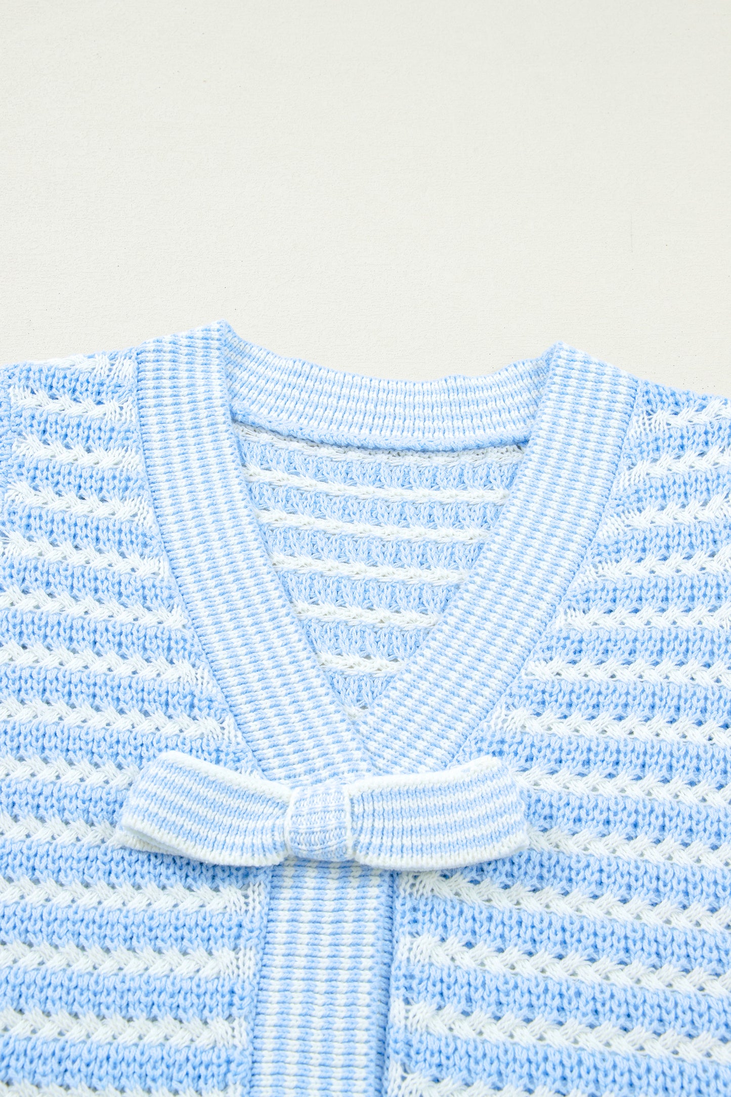 Sky Blue Stripe Short Sleeve Knit V Neck Bow Knot Sweater-TOPS / DRESSES-[Adult]-[Female]-2022 Online Blue Zone Planet