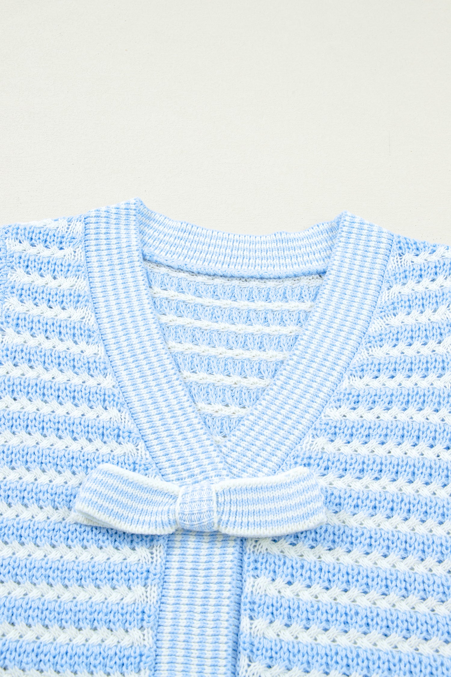 Sky Blue Stripe Short Sleeve Knit V Neck Bow Knot Sweater-TOPS / DRESSES-[Adult]-[Female]-2022 Online Blue Zone Planet