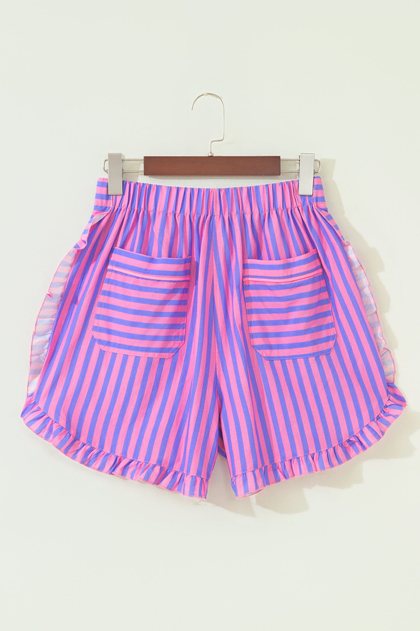 Sky Blue Stripe Elastic Waist Ruffle Trim Casual Shorts-Bottoms/Casual Shorts-[Adult]-[Female]-2022 Online Blue Zone Planet
