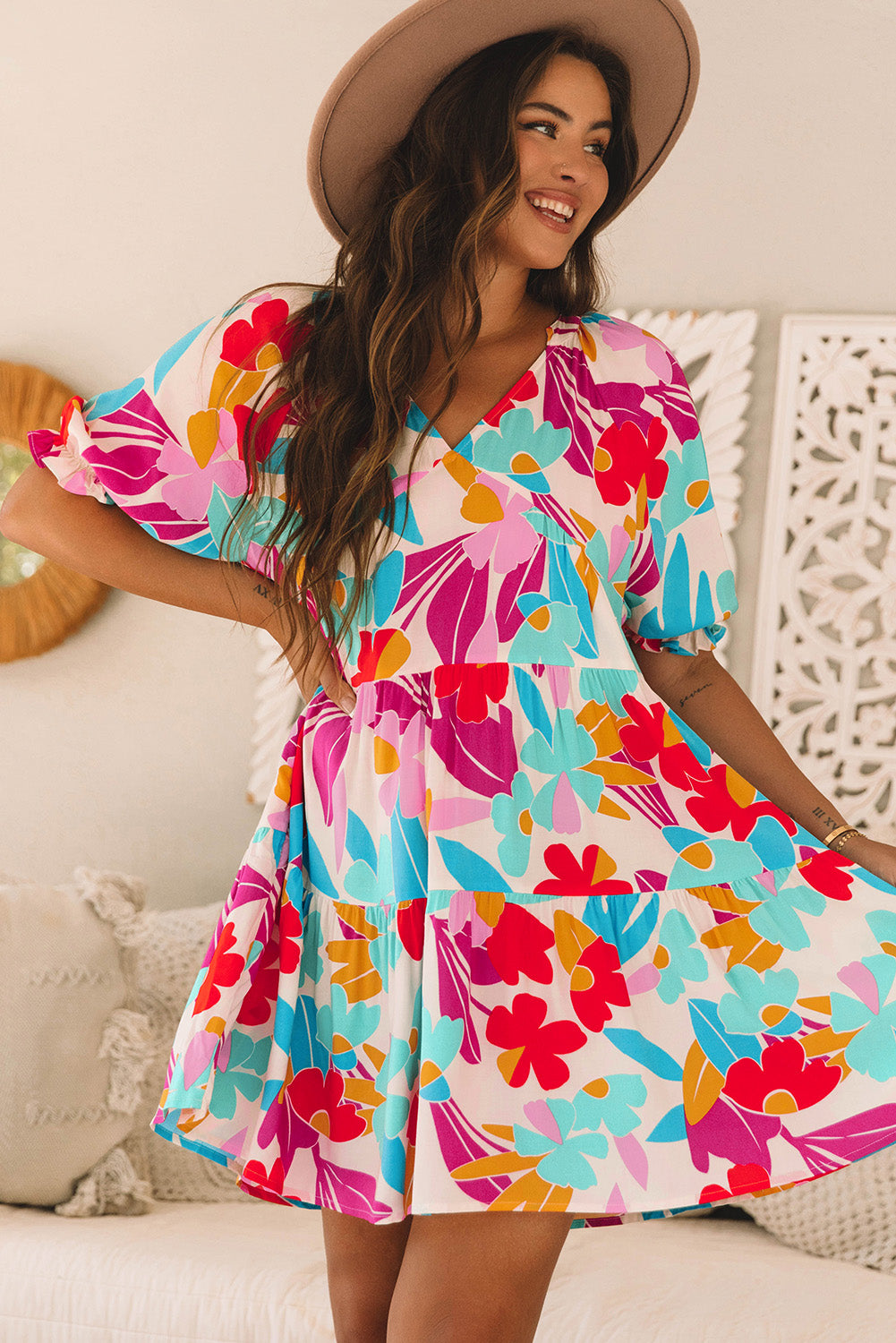 Rose Red Floral Bubble Sleeve V Neck Tiered Ruffle Babydoll Dress-TOPS / DRESSES-[Adult]-[Female]-Rose Red-S-2022 Online Blue Zone Planet
