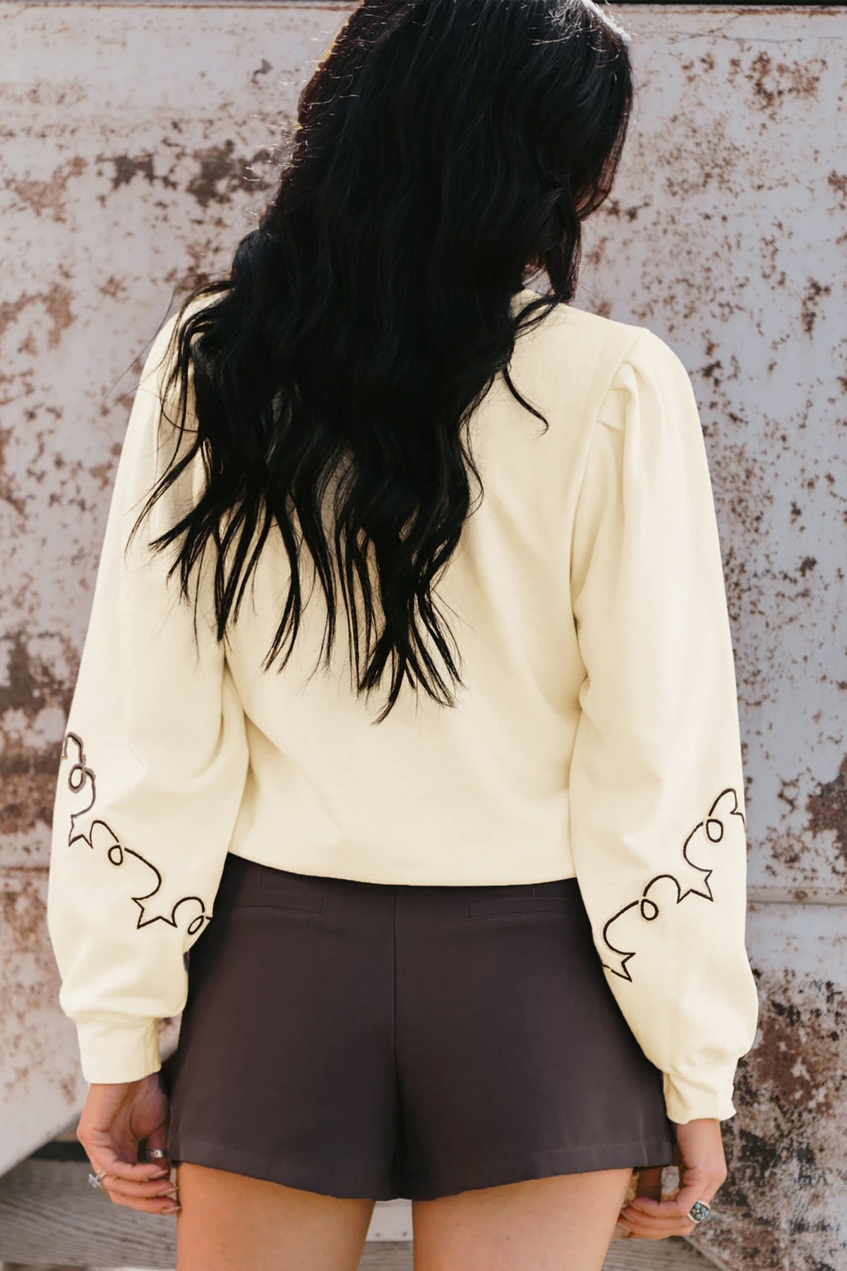 Cream White Embroidered Western Print Long Sleeve Half Button Top-Tops/Long Sleeve Tops-[Adult]-[Female]-2022 Online Blue Zone Planet