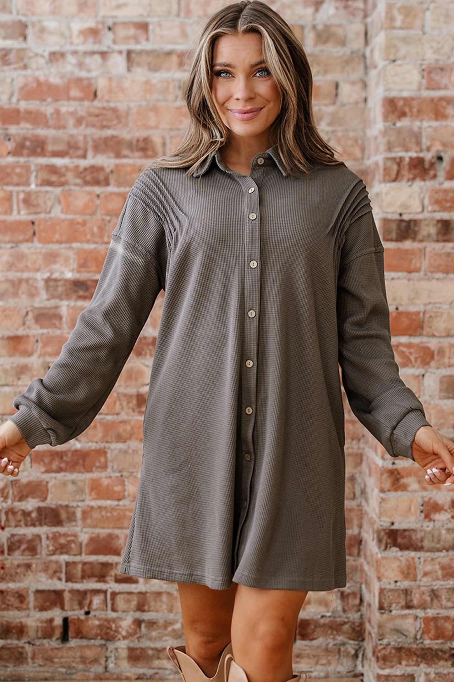 Simply Taupe Waffle Knit Shirt Tunic Dress-Dresses/Mini Dresses-[Adult]-[Female]-2022 Online Blue Zone Planet