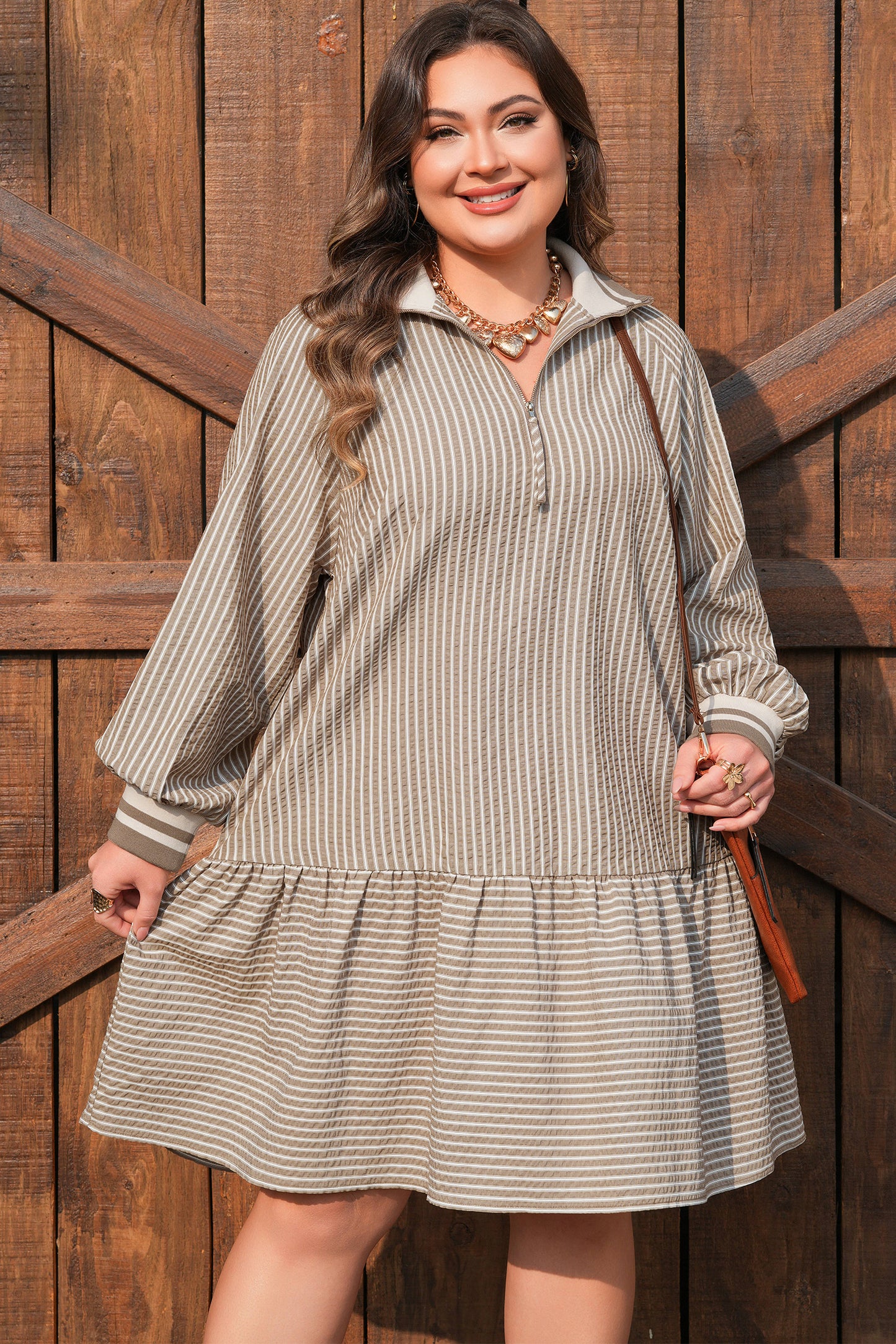Khaki Stripe Zip up Collared Puff Sleeve Ruffled Plus Size Mini Dress-TOPS / DRESSES-[Adult]-[Female]-2022 Online Blue Zone Planet