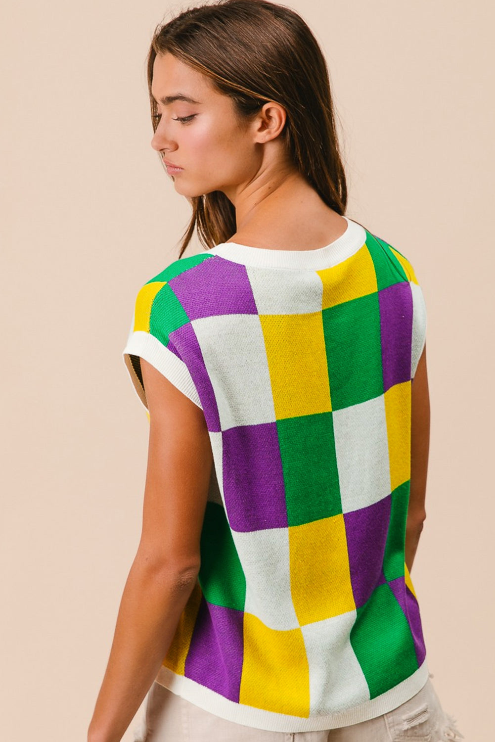 Tillandsia Purple Checkered Color Block Cap Sleeve Mardi Gras Knitted Top-Knit Tops-[Adult]-[Female]-2022 Online Blue Zone Planet