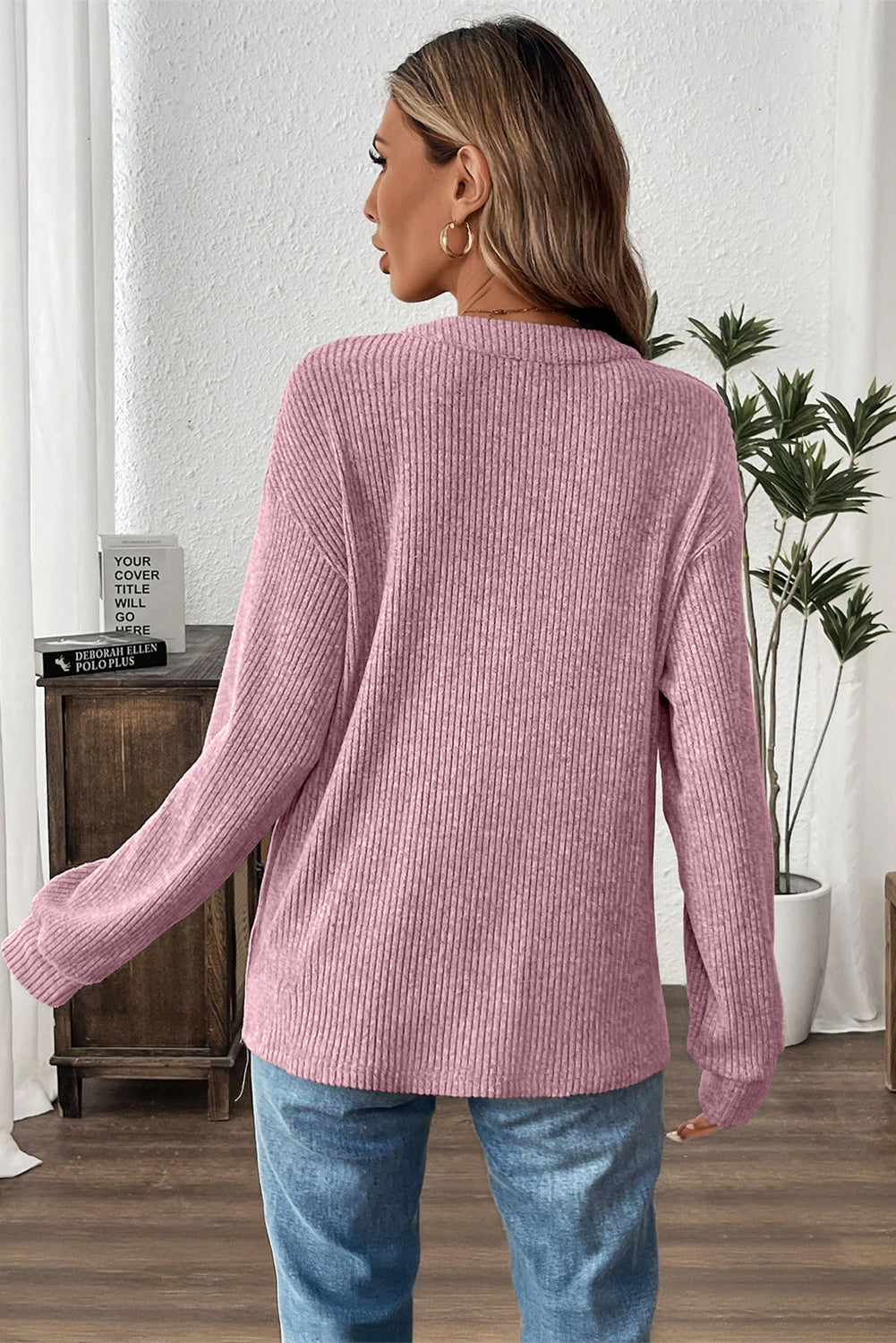 Pink Ribbed Texture Drop Shoulder Henley Knit Top-Tops/Long Sleeve Tops-[Adult]-[Female]-2022 Online Blue Zone Planet