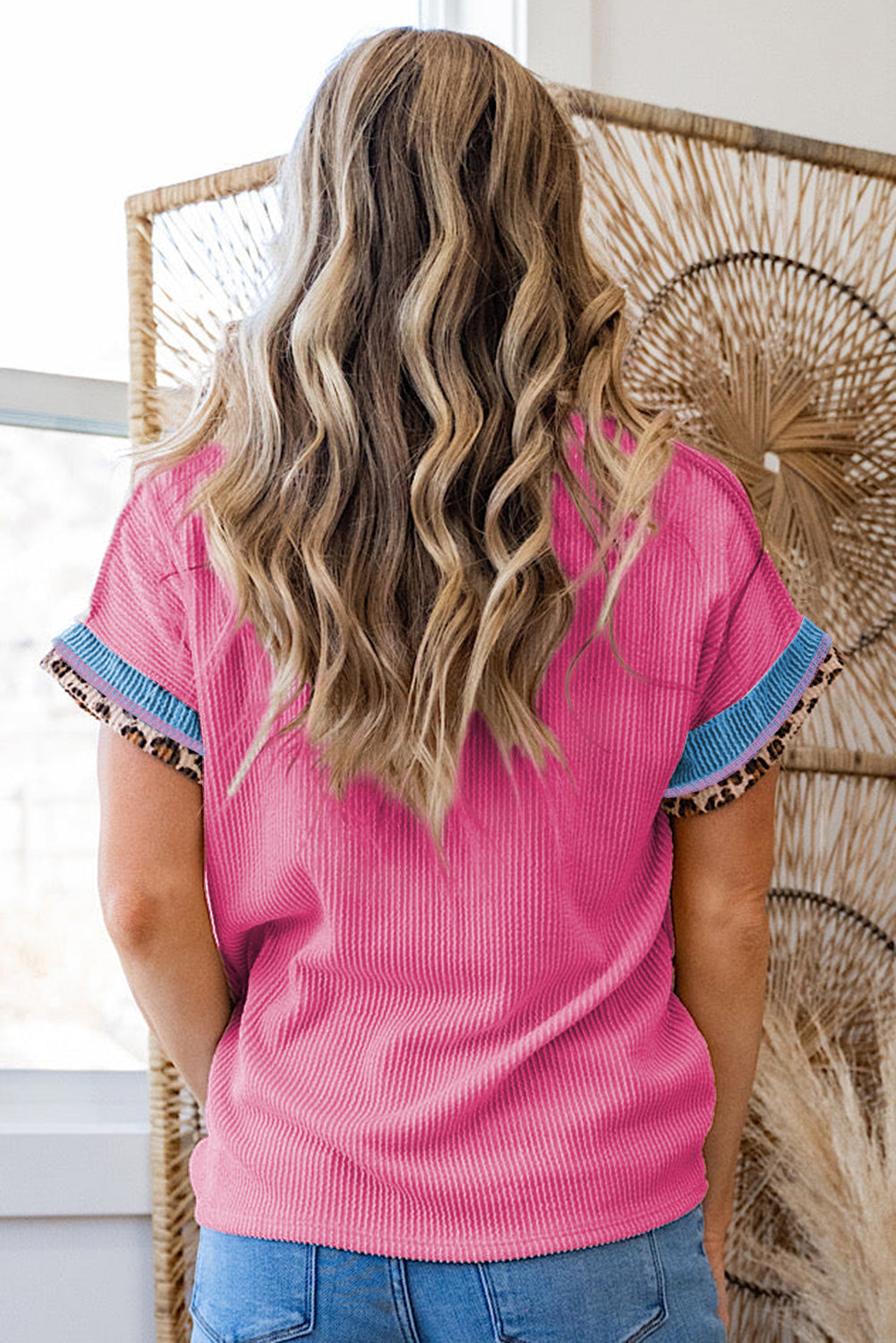 Bonbon Leopard Patchwork Corded Knit Crew Neck T Shirt-Tops/Tops & Tees-[Adult]-[Female]-2022 Online Blue Zone Planet