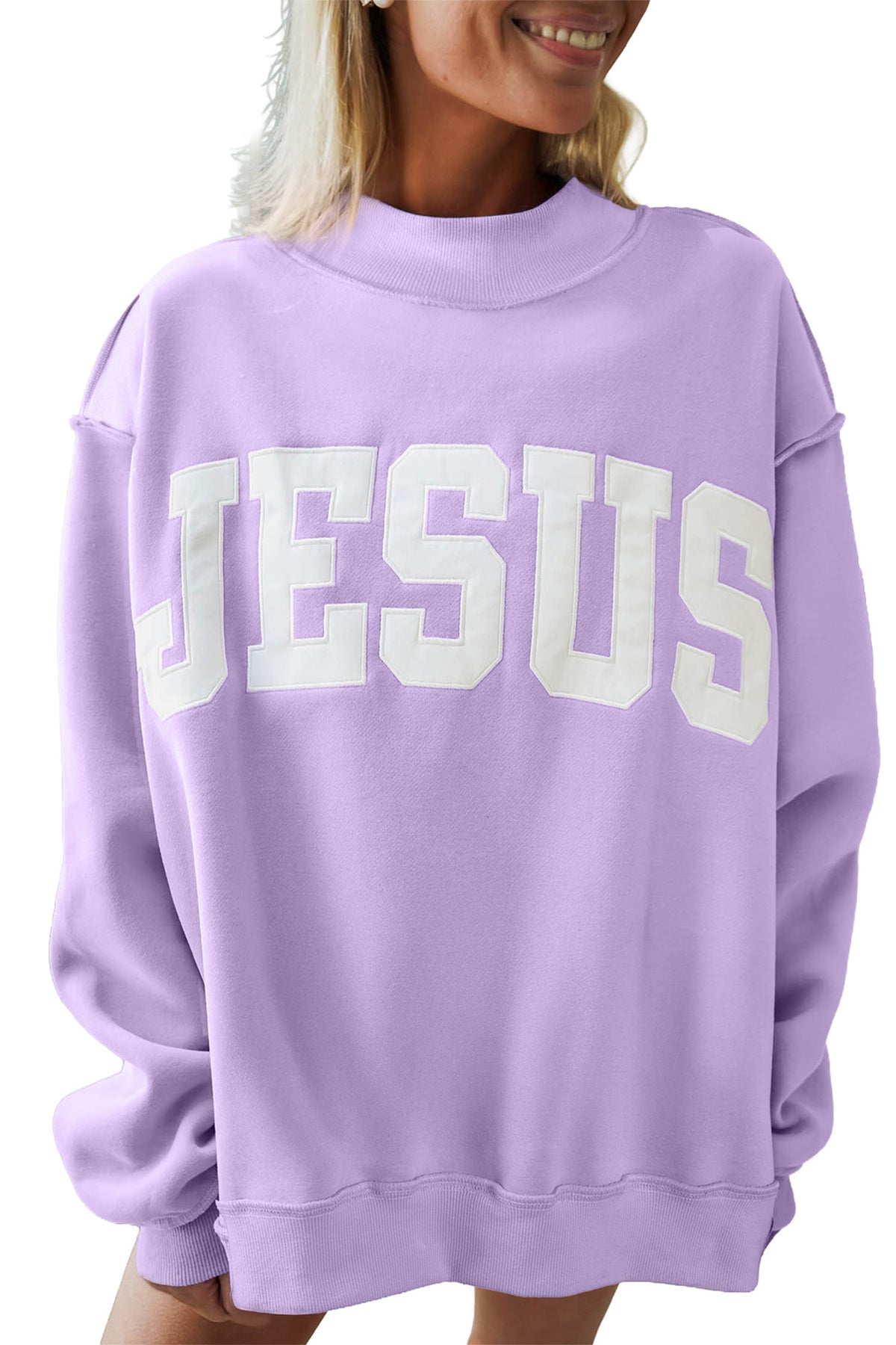 Meadow Mist Green JESUS Letter Patch Graphic Exposed Seam Mock Neck Baggy Sweatshirt