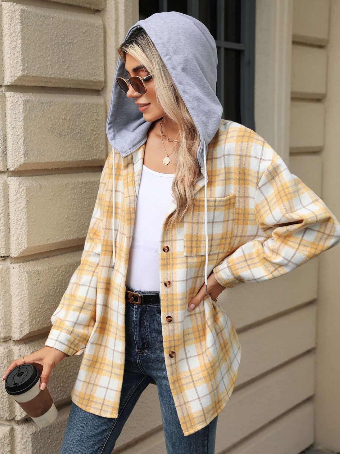 Drawstring Plaid Button Up Hooded Jacket-TOPS / DRESSES-[Adult]-[Female]-Pastel Yellow-S-2022 Online Blue Zone Planet