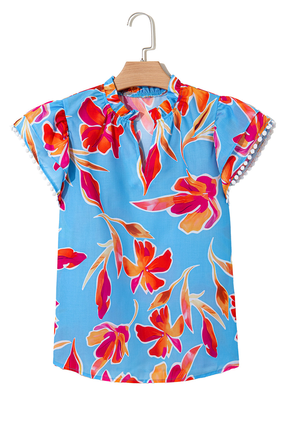 Sky Blue Floral Print V Neck Pompom Trim Flutter Sleeve Blouse-Tops/Blouses & Shirts-[Adult]-[Female]-2022 Online Blue Zone Planet