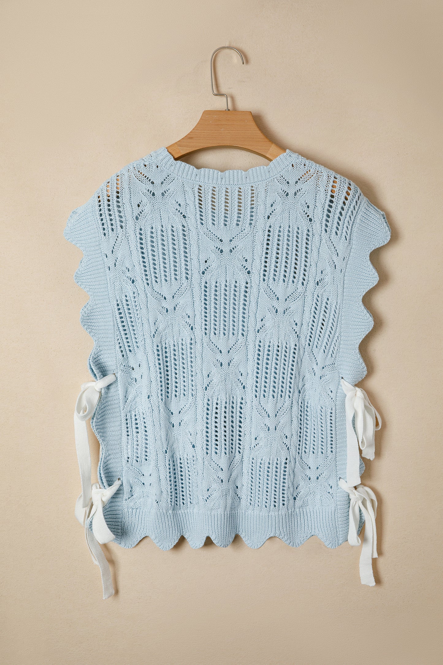 Beau Blue Pointelle Knit Patterned Scalloped Trim Short Sleeve Sweater-TOPS / DRESSES-[Adult]-[Female]-2022 Online Blue Zone Planet