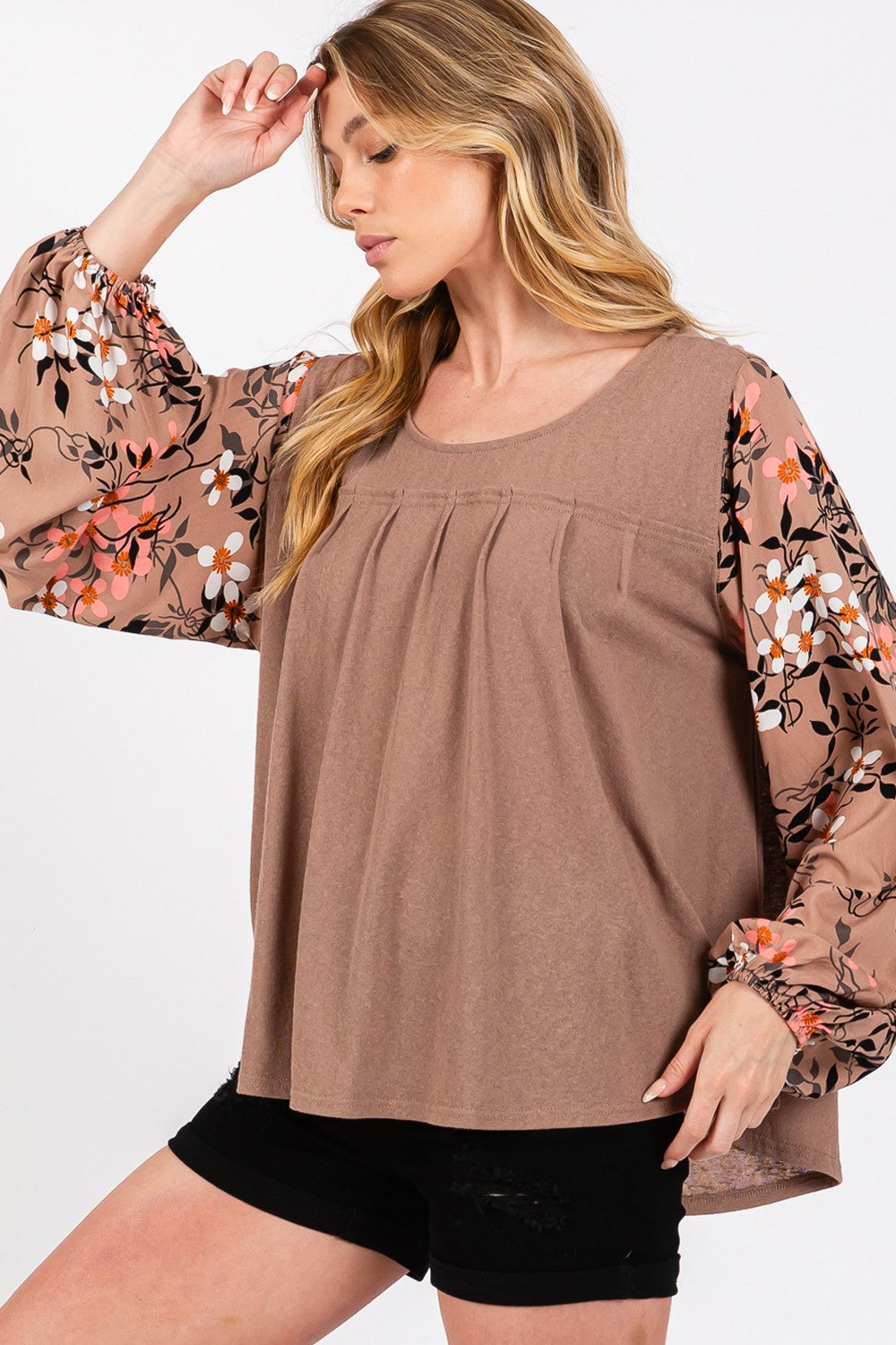 Blue Zone Planet | SAGE + FIG Floral Long Sleeve Front Pleated Detail Blouse-TOPS / DRESSES-[Adult]-[Female]-2022 Online Blue Zone Planet