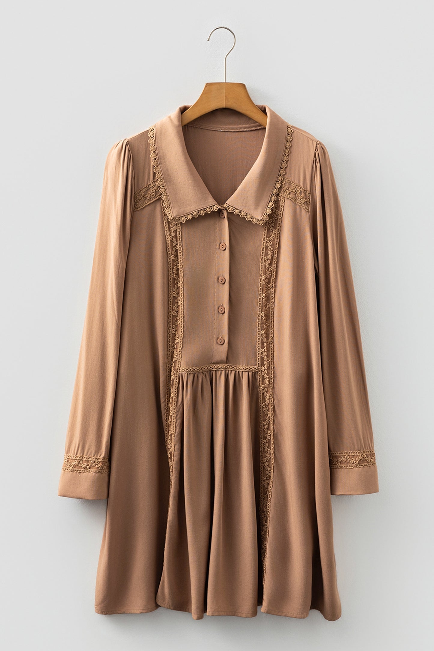 Straw Yellow Lace Trim Peter Pan Collar Long Sleeve Mini Shirt Dress-TOPS / DRESSES-[Adult]-[Female]-2022 Online Blue Zone Planet