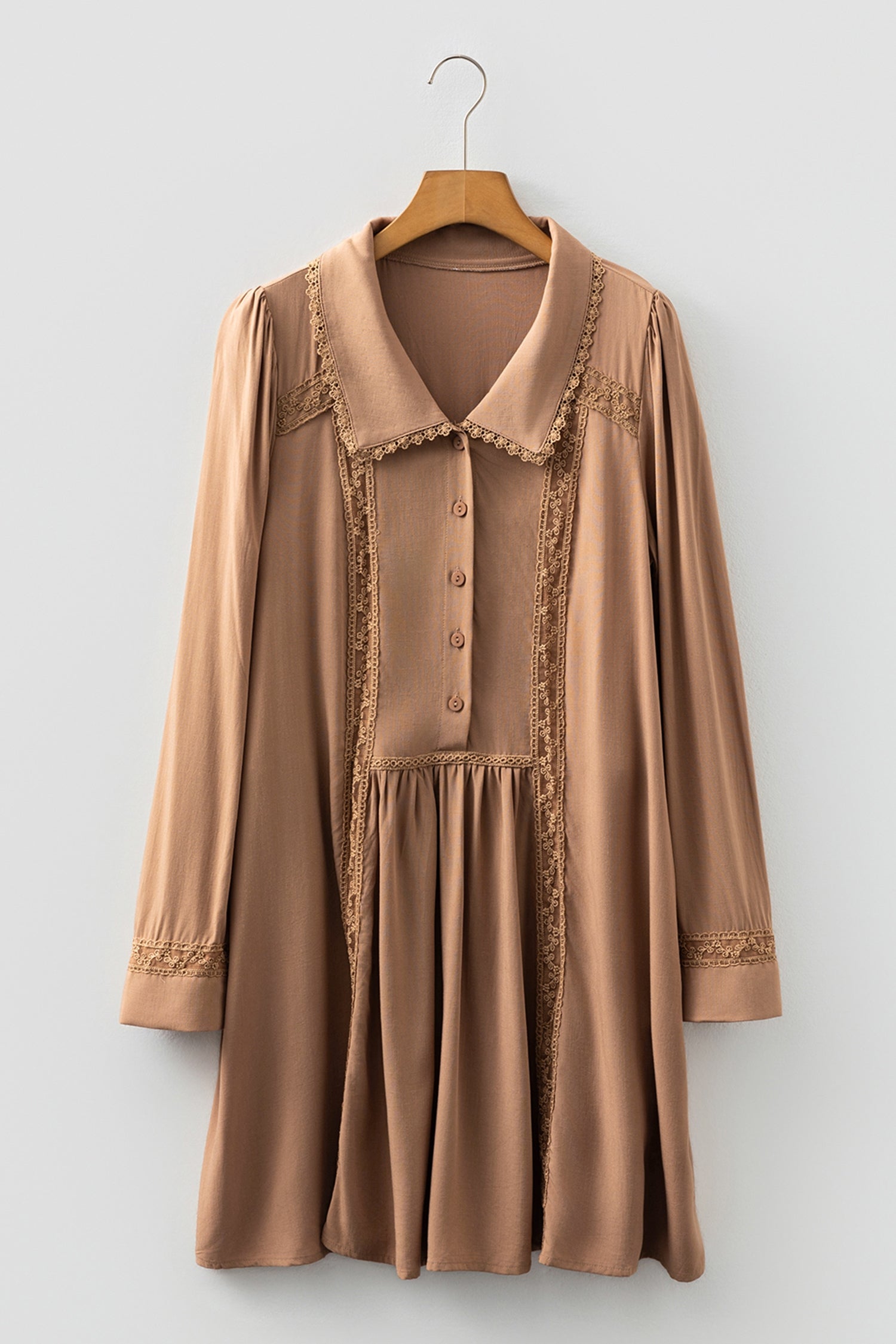 Straw Yellow Lace Trim Peter Pan Collar Long Sleeve Mini Shirt Dress-TOPS / DRESSES-[Adult]-[Female]-2022 Online Blue Zone Planet