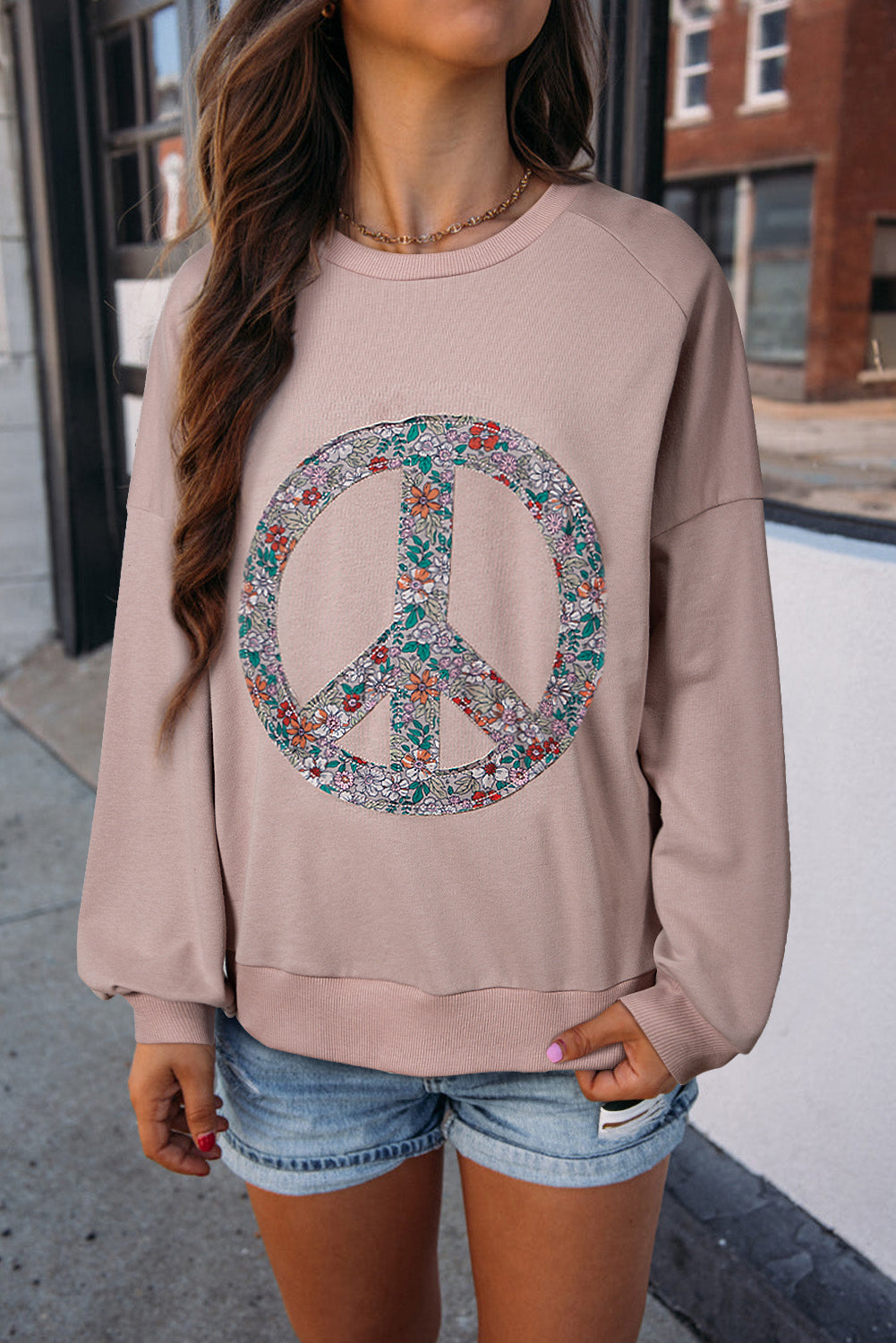 Goat Floral Peace Symbol Drop Shoulder Sweatshirt-Tops/Sweatshirts & Hoodies-[Adult]-[Female]-Goat-S-2022 Online Blue Zone Planet