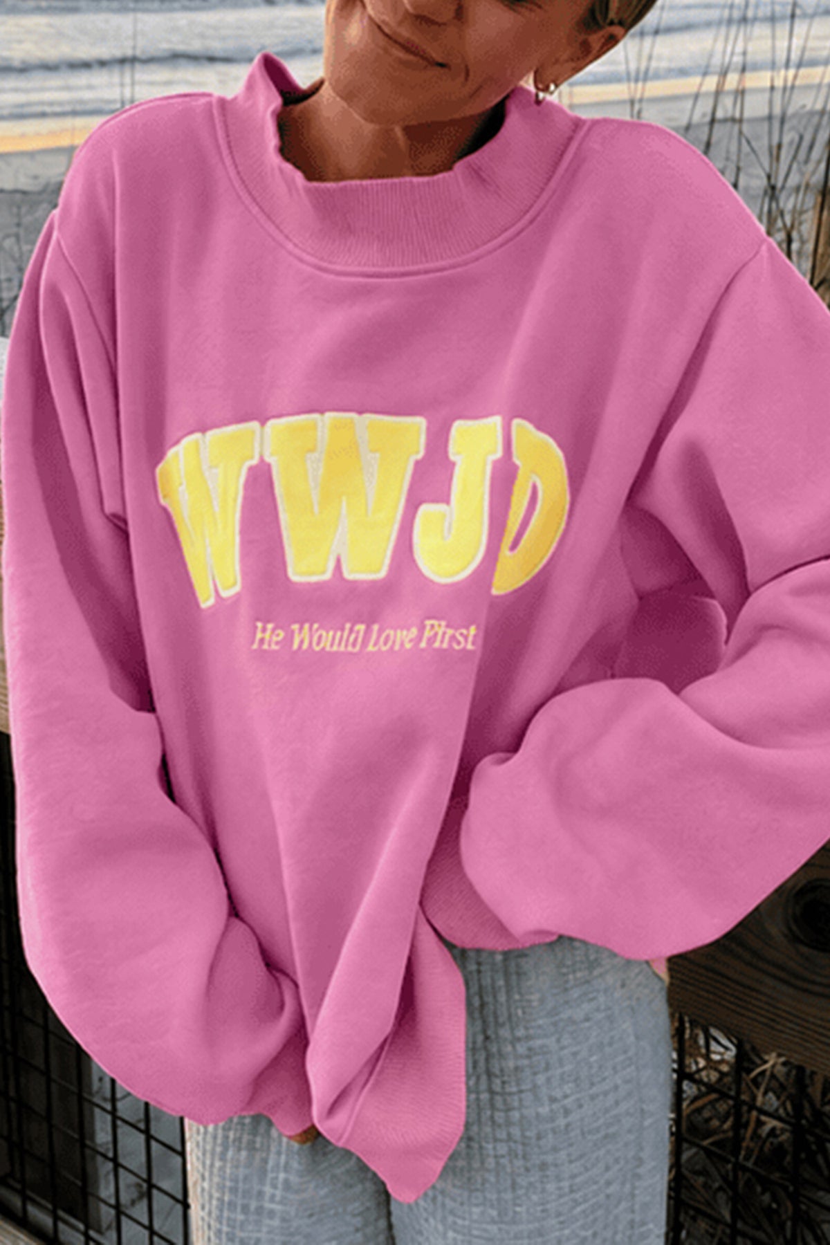 Pink WWJD Embroidered Trim Slogan Graphic Crewneck Pullover Sweatshirt