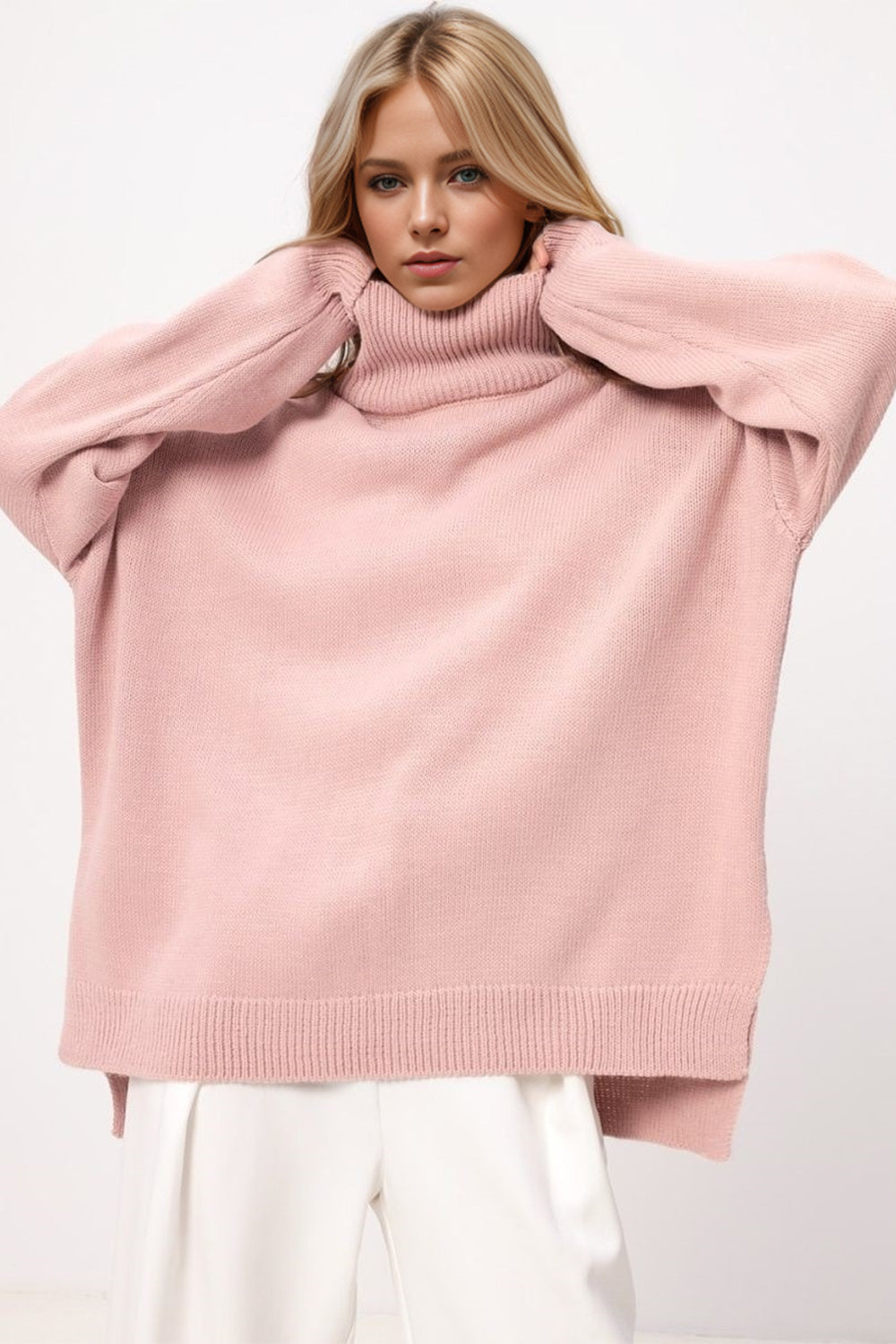 Basic Bae Side Slit Turtleneck Long Sleeve Sweater-TOPS / DRESSES-[Adult]-[Female]-Dusty Pink-One Size-2022 Online Blue Zone Planet