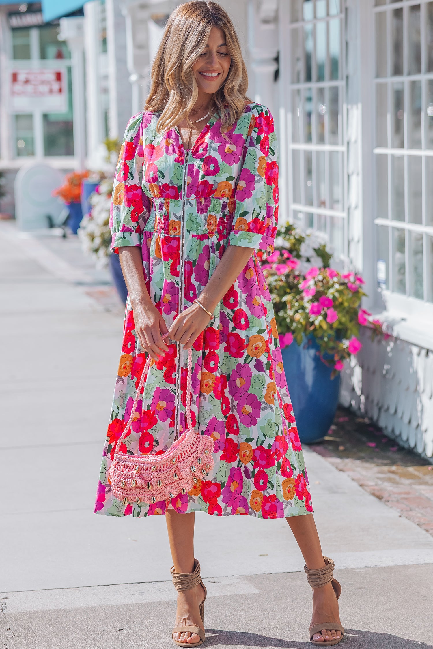 Rose Vibrant Floral Print V Neck Zip Up Puffy Half Sleeve Dress-Dresses/Floral Dresses-[Adult]-[Female]-2022 Online Blue Zone Planet