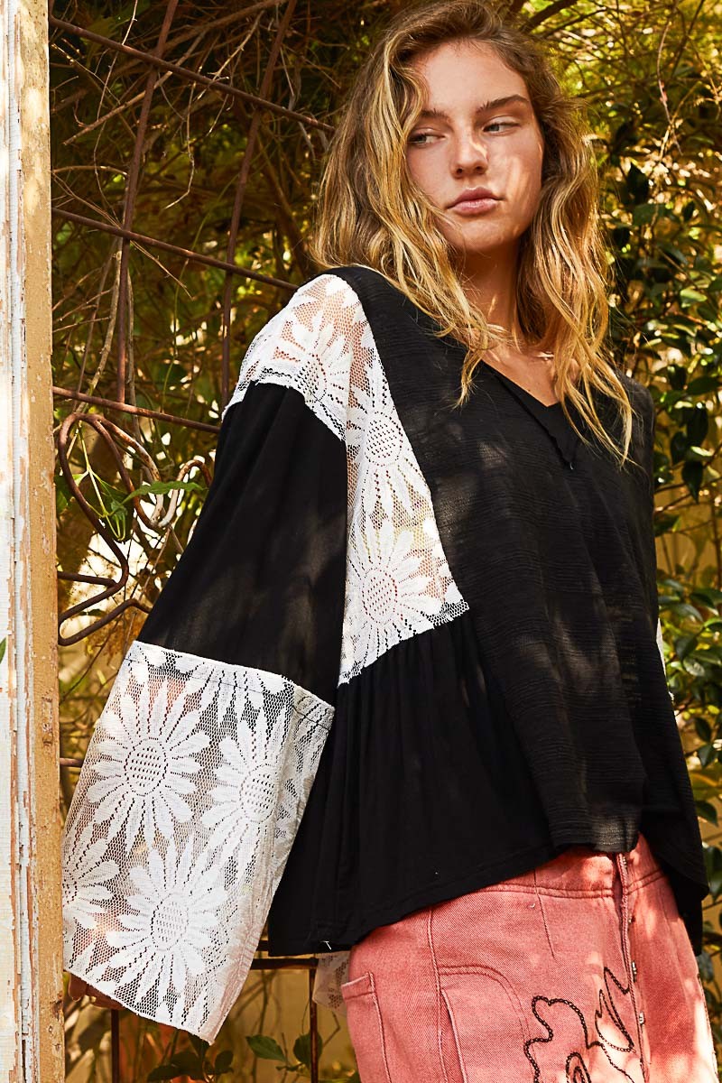 POL Lace Detail V-Neck Flare Sleeve Blouse-TOPS / DRESSES-[Adult]-[Female]-2022 Online Blue Zone Planet