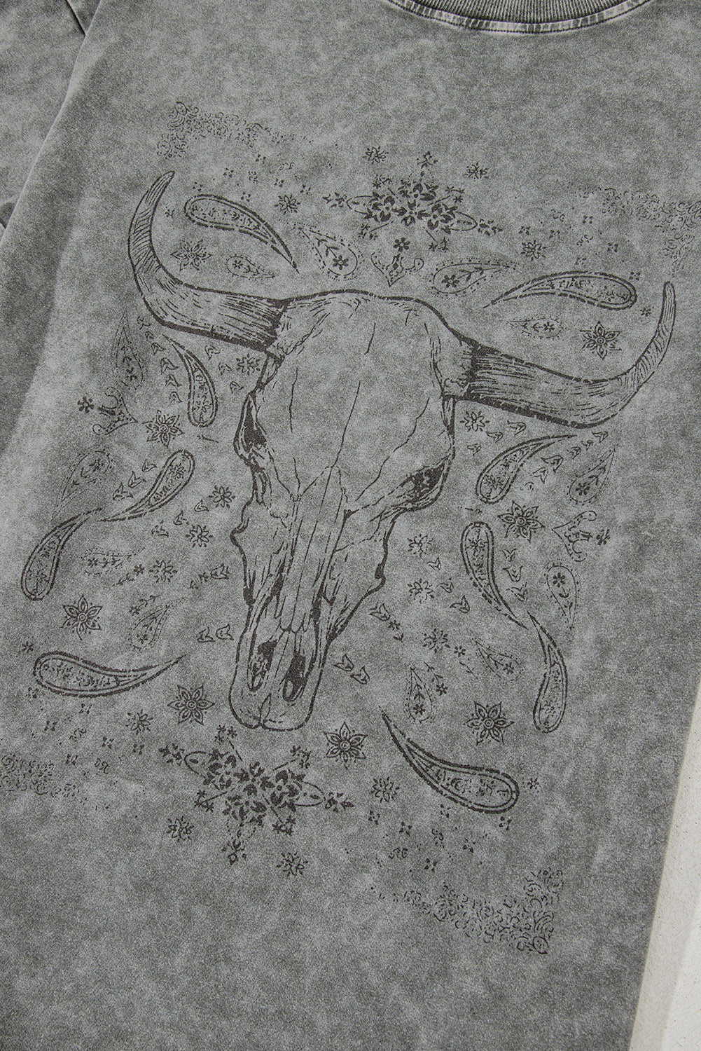 Light Grey Western Steer Head Tie Dye Print Crew Neck T Shirt-Graphic/Graphic Tees-[Adult]-[Female]-2022 Online Blue Zone Planet