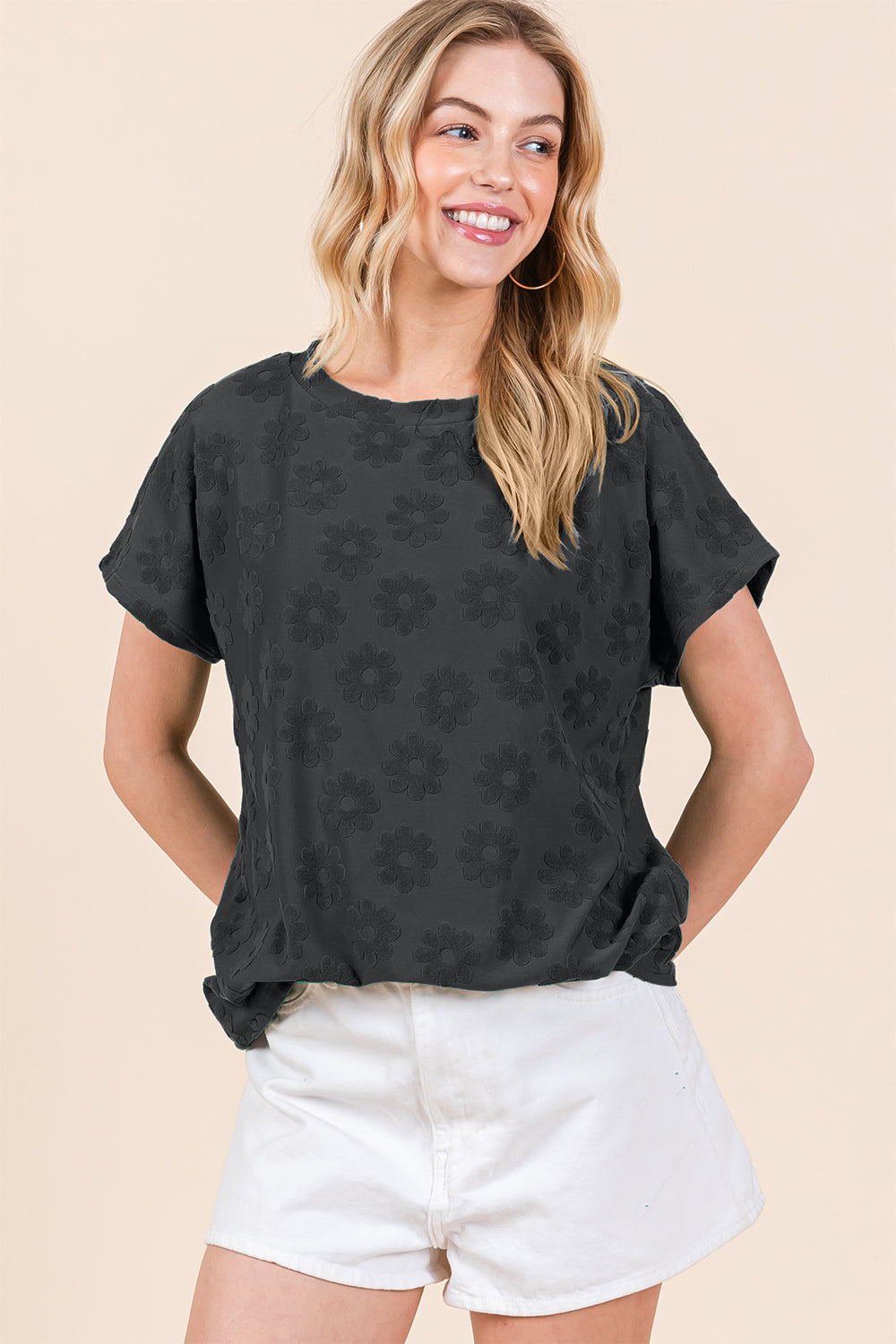 Blue Zone Planet | BOMBOM Textured Floral Pattern Short Sleeve T-Shirt-TOPS / DRESSES-[Adult]-[Female]-Black-S-2022 Online Blue Zone Planet