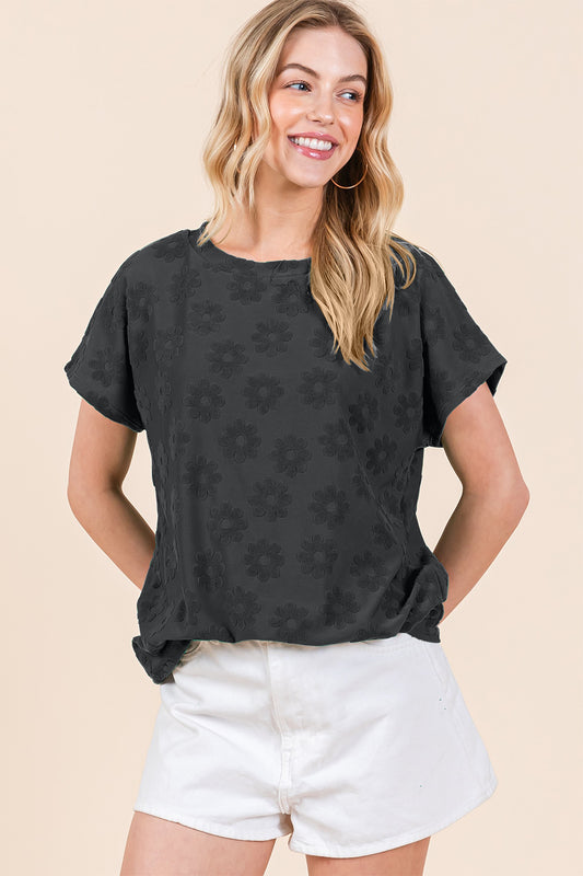 Blue Zone Planet | BOMBOM Textured Floral Pattern Short Sleeve T-Shirt-TOPS / DRESSES-[Adult]-[Female]-Black-S-2022 Online Blue Zone Planet